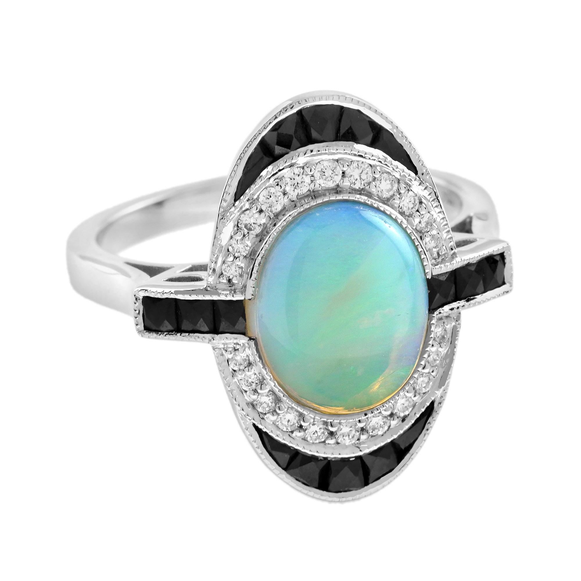 Oval Cut Opal Onyx and Diamond Art Deco Style Cocktail Ring in 14K White Gold For Sale