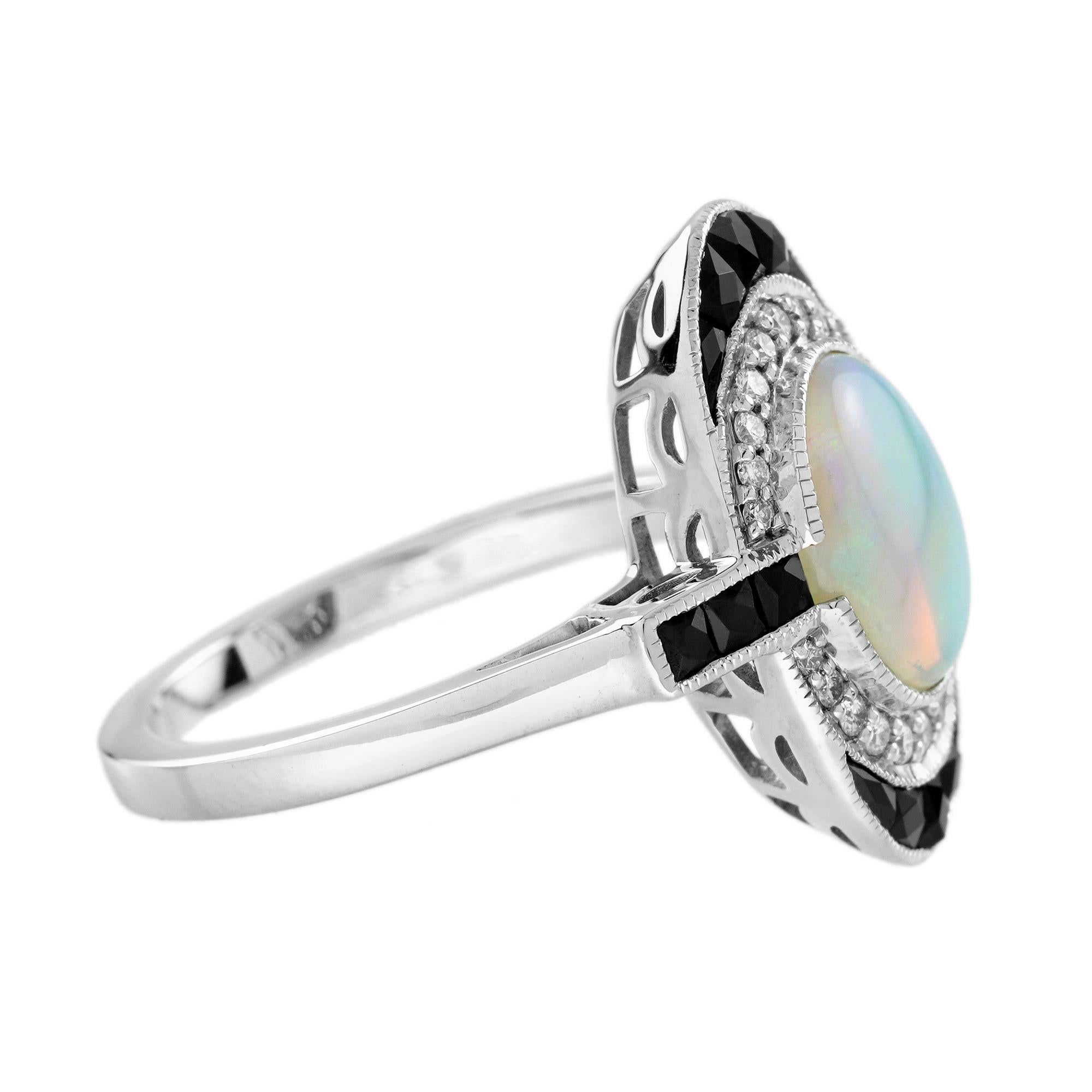 Opal Onyx and Diamond Art Deco Style Cocktail Ring in 14K White Gold In New Condition For Sale In Bangkok, TH
