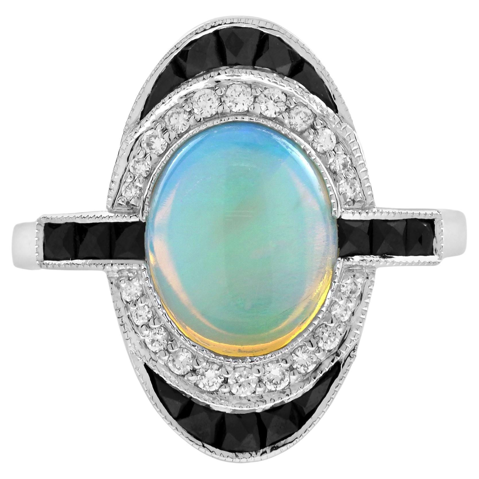 Opal Onyx and Diamond Art Deco Style Cocktail Ring in 14K White Gold For Sale