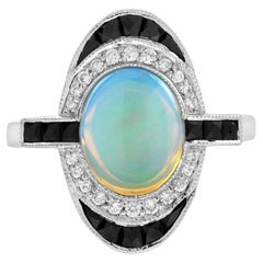 Cocktailring aus 14 Karat Weißgold mit Opal, Onyx und Diamant im Art-déco-Stil