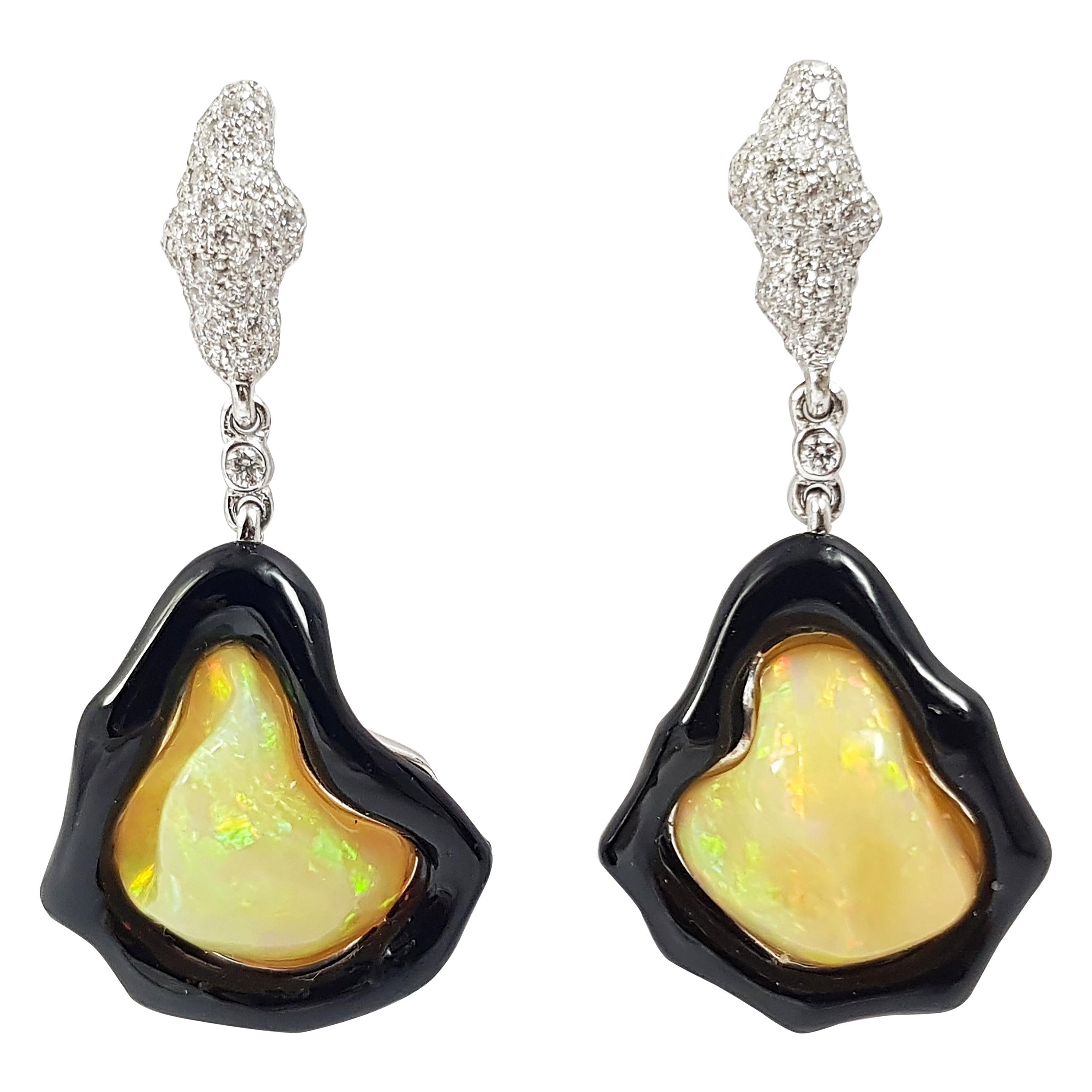 Opal, Onyx with Diamond Organic Earrings in 18K White Gold