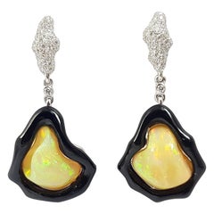 Opal, Onyx with Diamond Organic Earrings in 18K White Gold