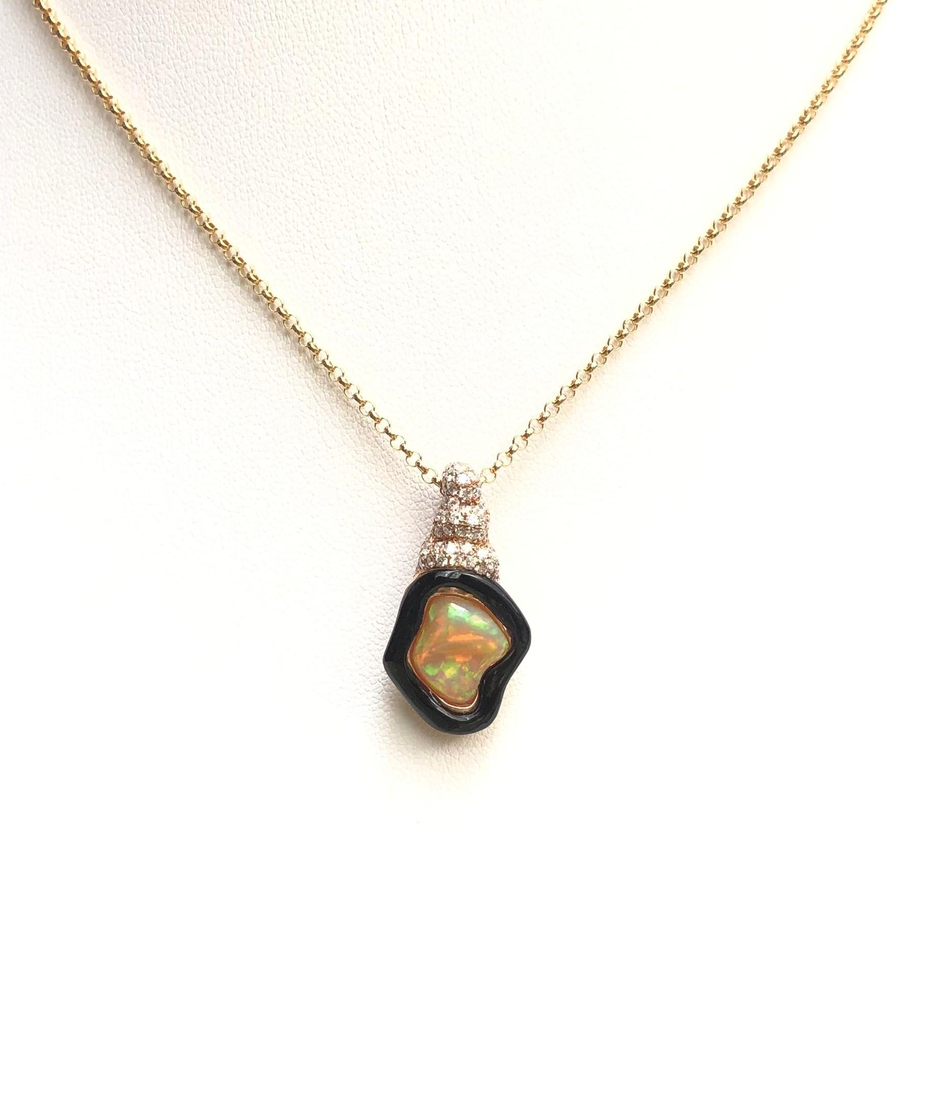 Opal 2.65 carats, Onyx with Diamond 0.55 carat Pendant set in 18 Karat Rose Gold Settings
(chain not included)

Width: 1.6 cm 
Length: 2.8 cm
Total Weight: 6.23 grams


