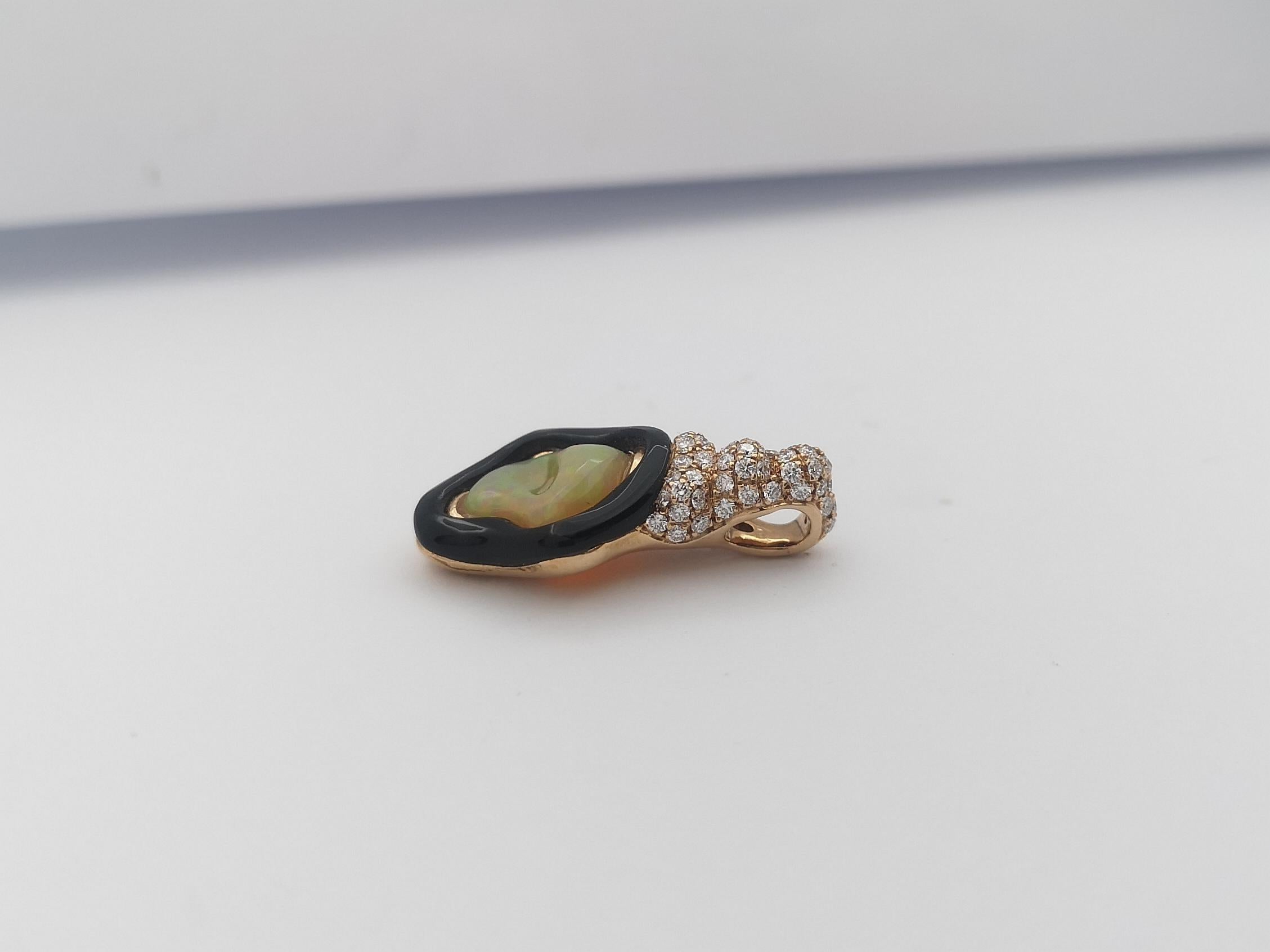 Women's Opal, Onyx with Diamond Pendant Set in 18 Karat Rose Gold Settings For Sale