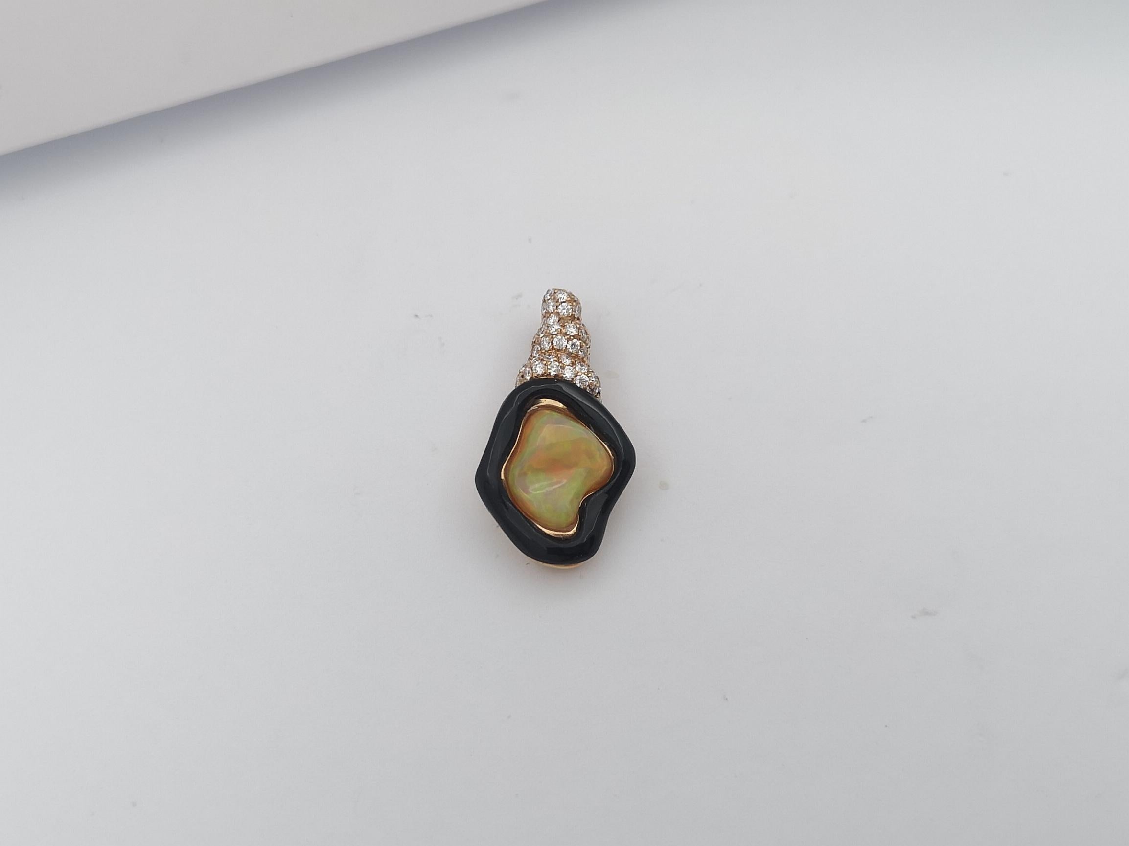Opal, Onyx with Diamond Pendant Set in 18 Karat Rose Gold Settings For Sale 1