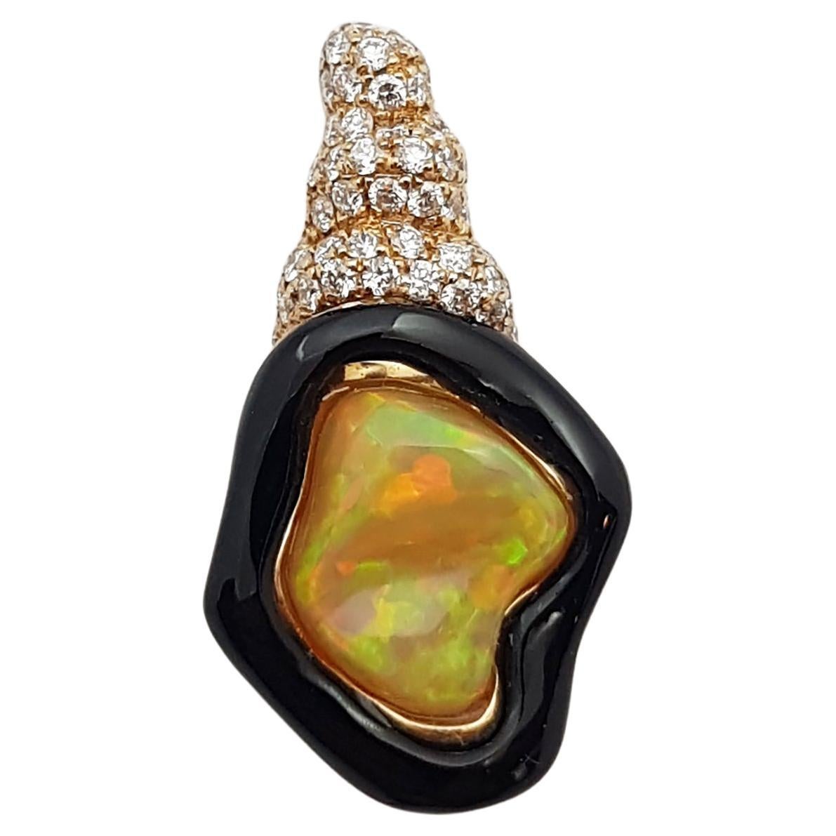 Opal, Onyx with Diamond Pendant Set in 18 Karat Rose Gold Settings