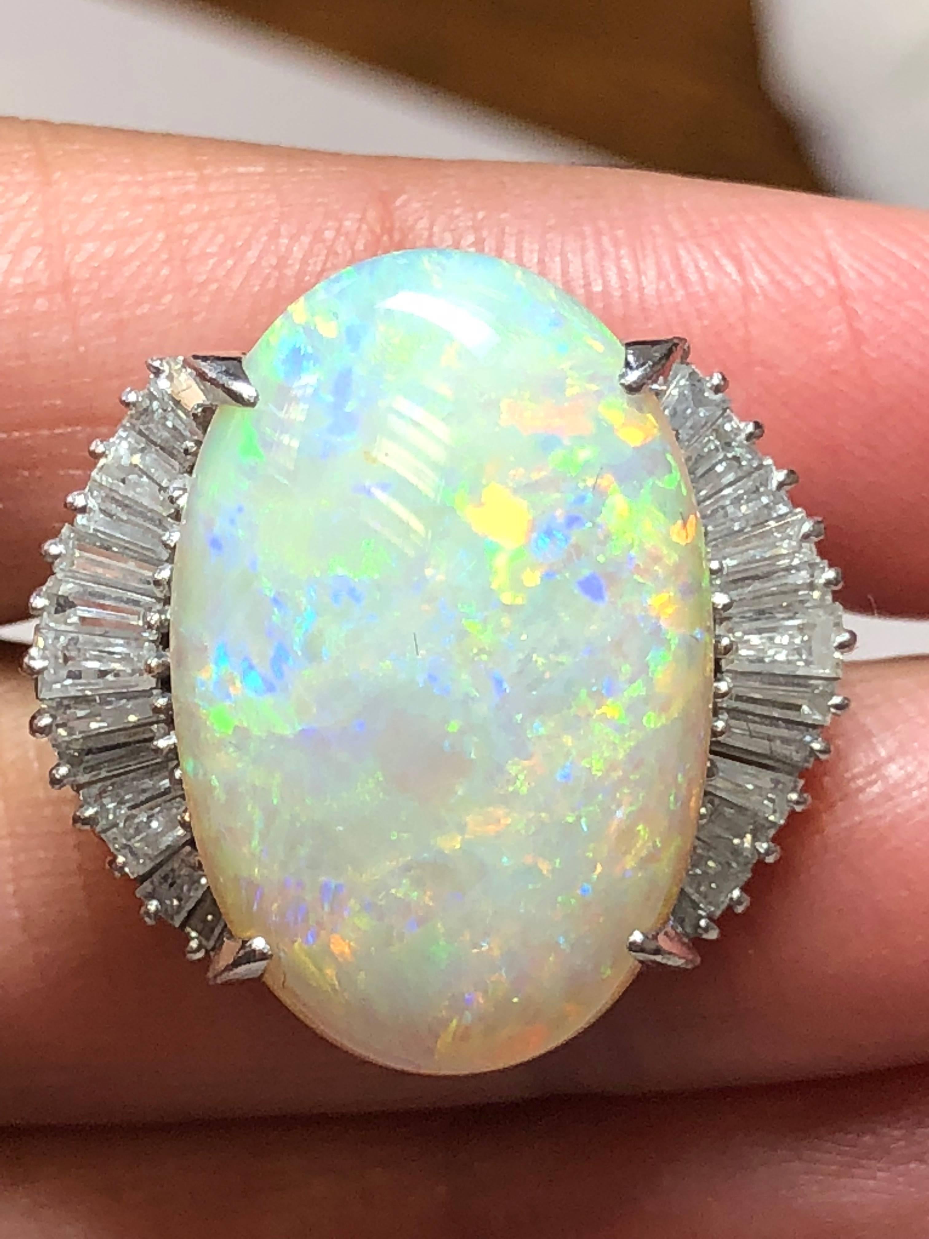 Oval Cut Opal Oval and White Diamond Baguette Cocktail Ring in Platinum