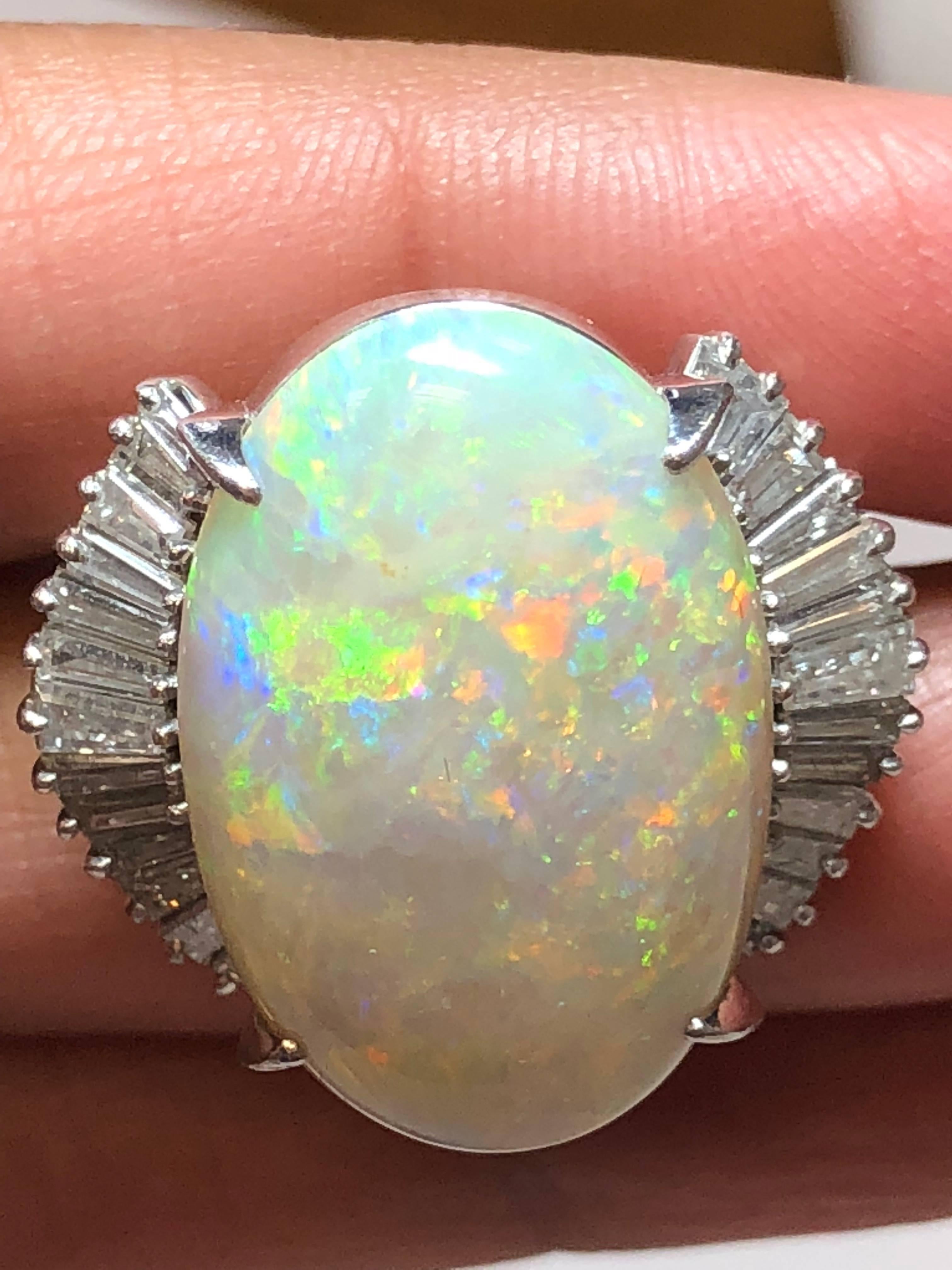 Opal Oval and White Diamond Baguette Cocktail Ring in Platinum In Excellent Condition In Los Angeles, CA