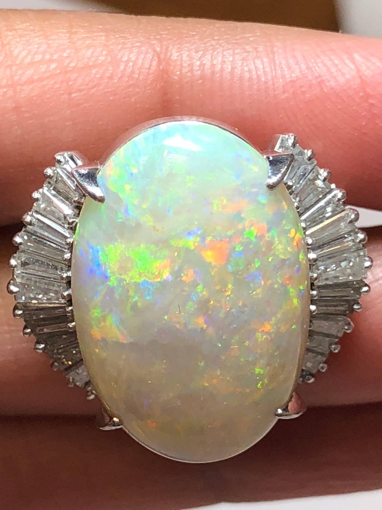 Opal Oval and White Diamond Baguette Cocktail Ring in Platinum at 1stDibs