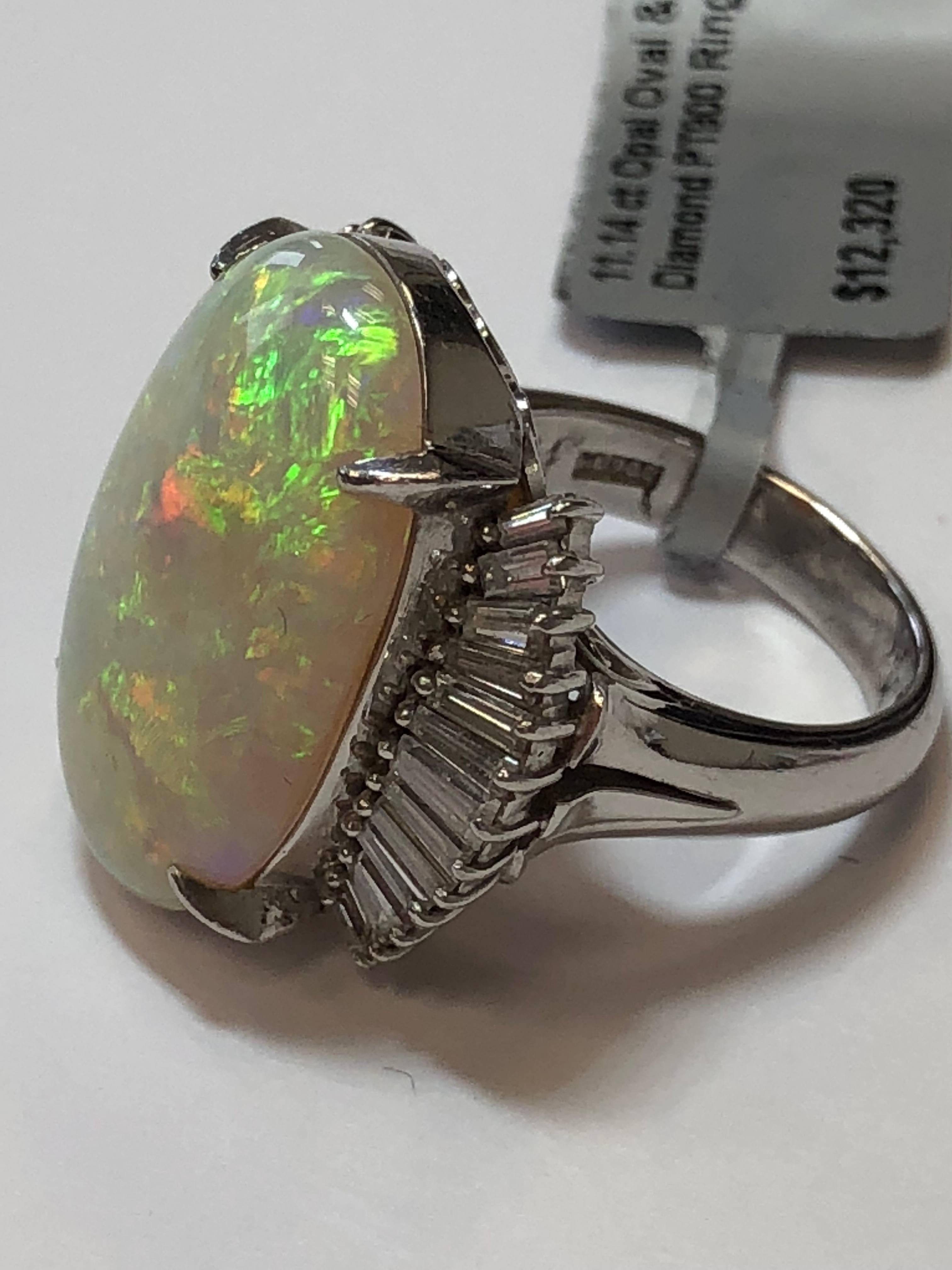Women's or Men's Opal Oval and White Diamond Baguette Cocktail Ring in Platinum