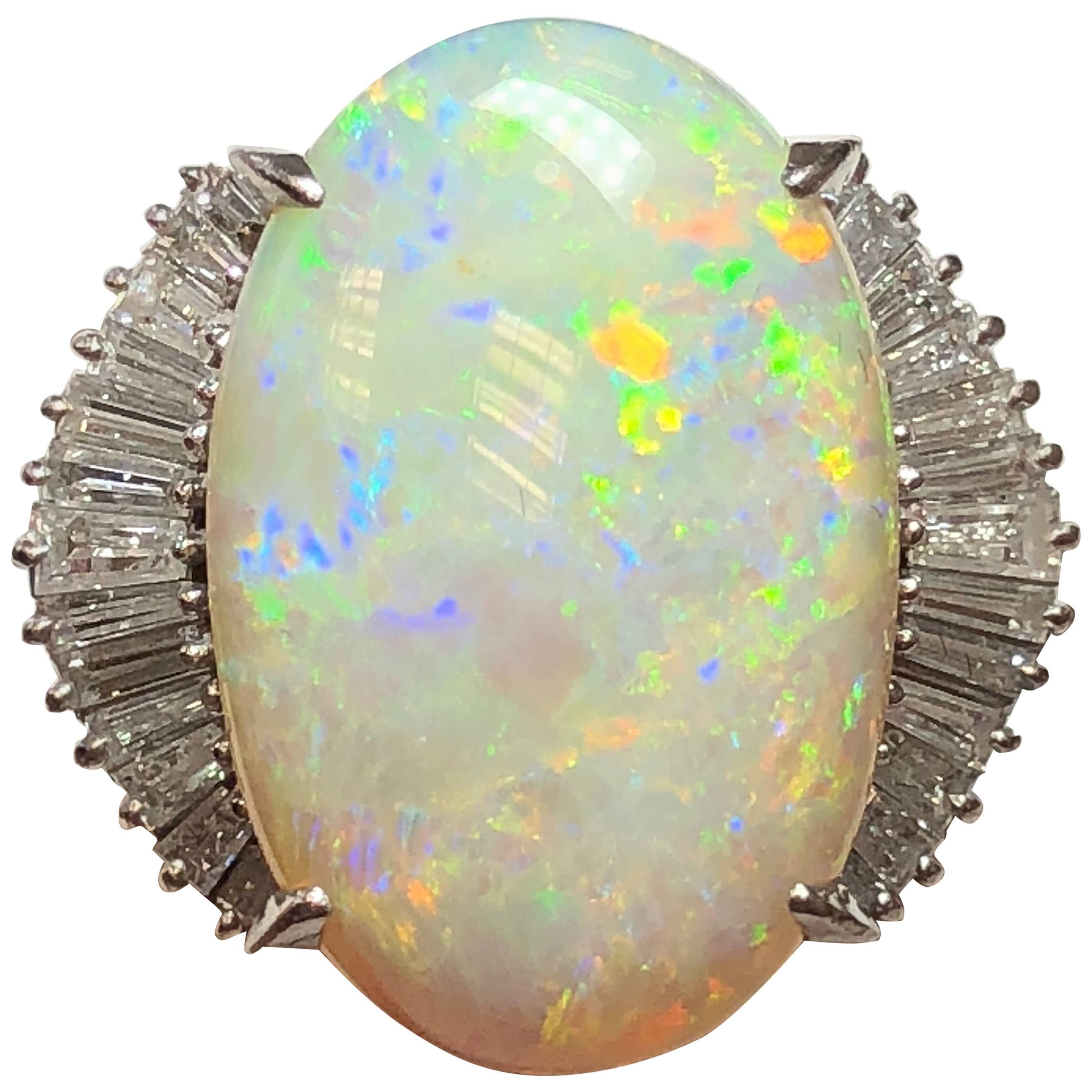 Opal Oval and White Diamond Baguette Cocktail Ring in Platinum