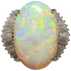 Opal Oval and White Diamond Baguette Cocktail Ring in Platinum