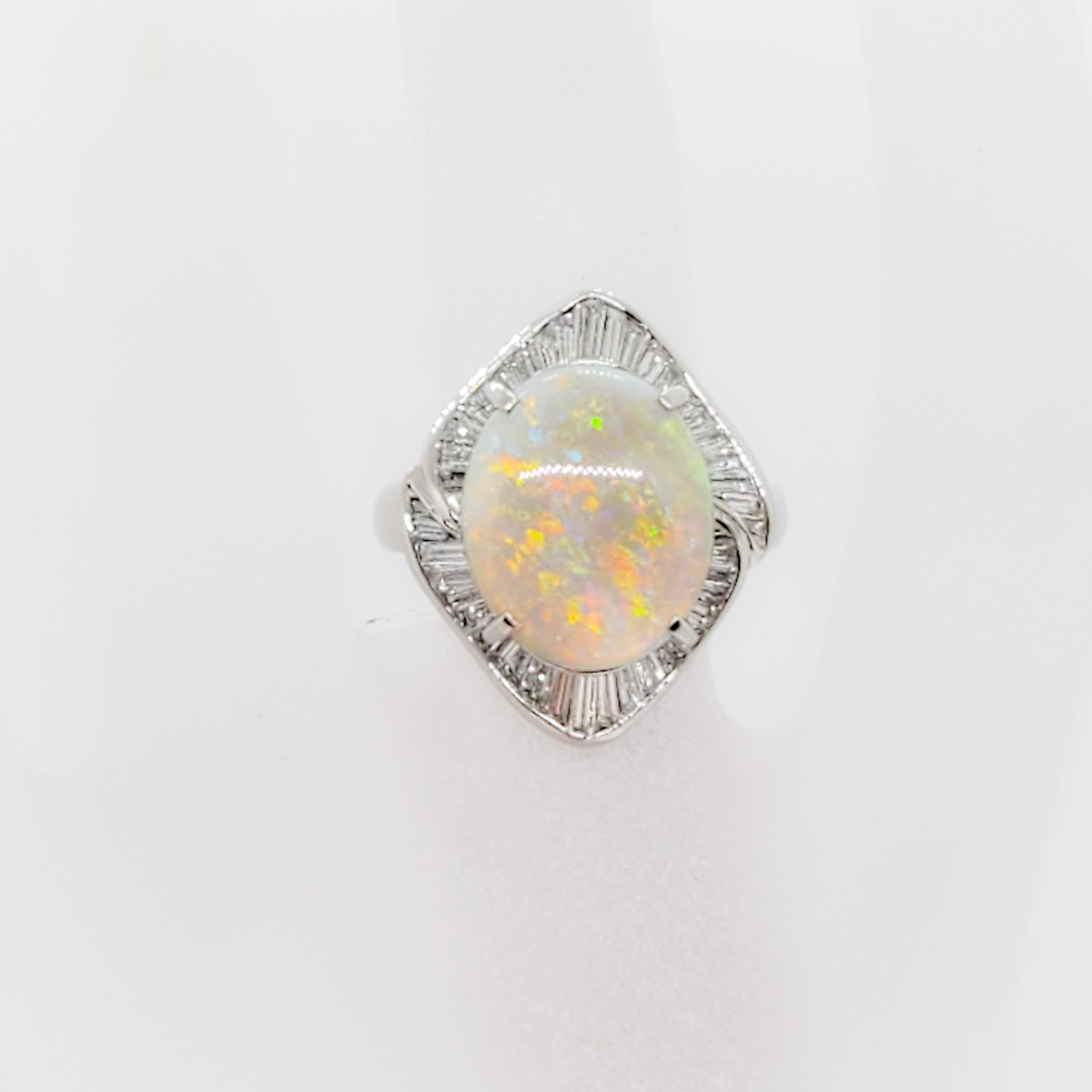 Oval Cut Opal Oval and White Diamond Cocktail Ring in Platinum