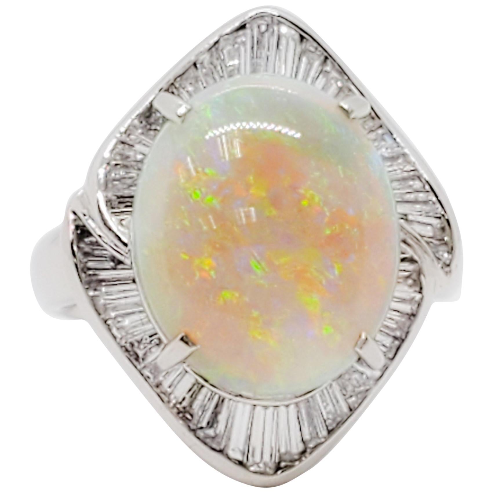 Opal Oval and White Diamond Cocktail Ring in Platinum