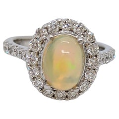 Opal Oval and White Diamond Dome Ring in 14K White Gold
