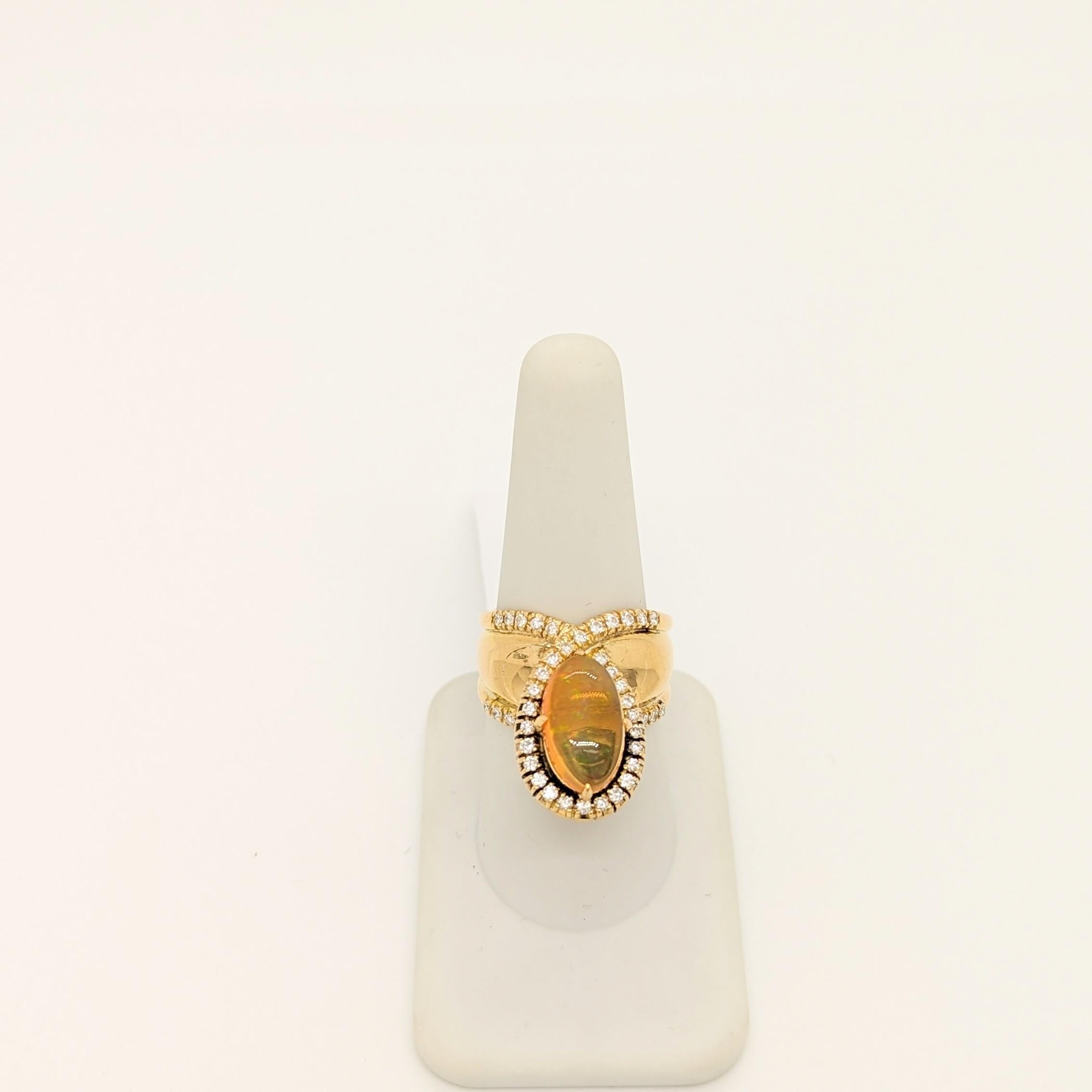 Opal Oval Cabochon and White Diamond Cocktail Ring in 18K Yellow Gold In New Condition In Los Angeles, CA