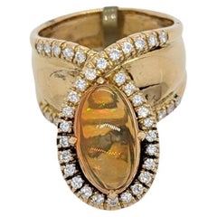 Opal Oval Cabochon and White Diamond Cocktail Ring in 18K Yellow Gold