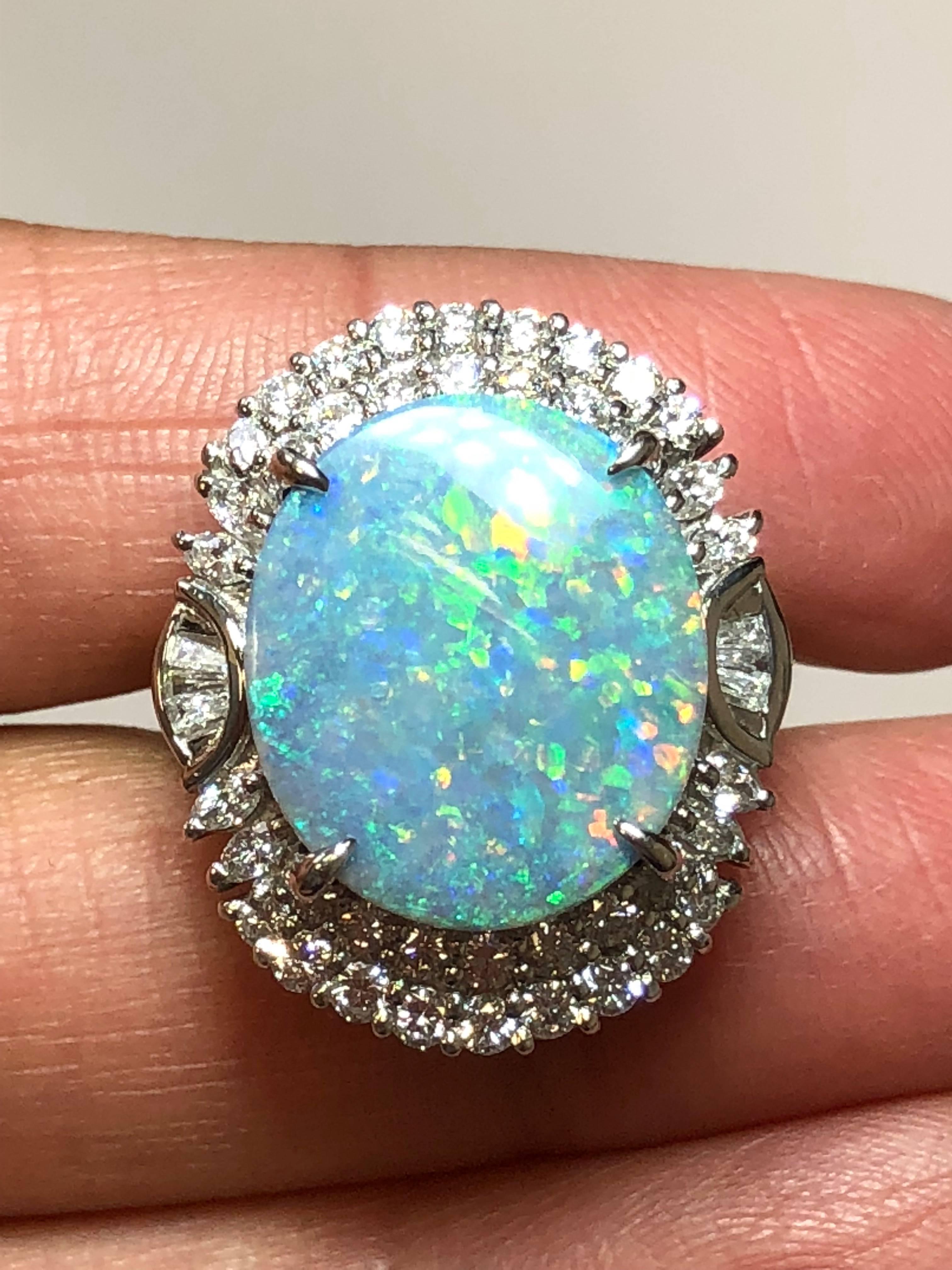 Oval Cut Opal Oval Cabochon and White Diamond Cocktail Ring in Platinum