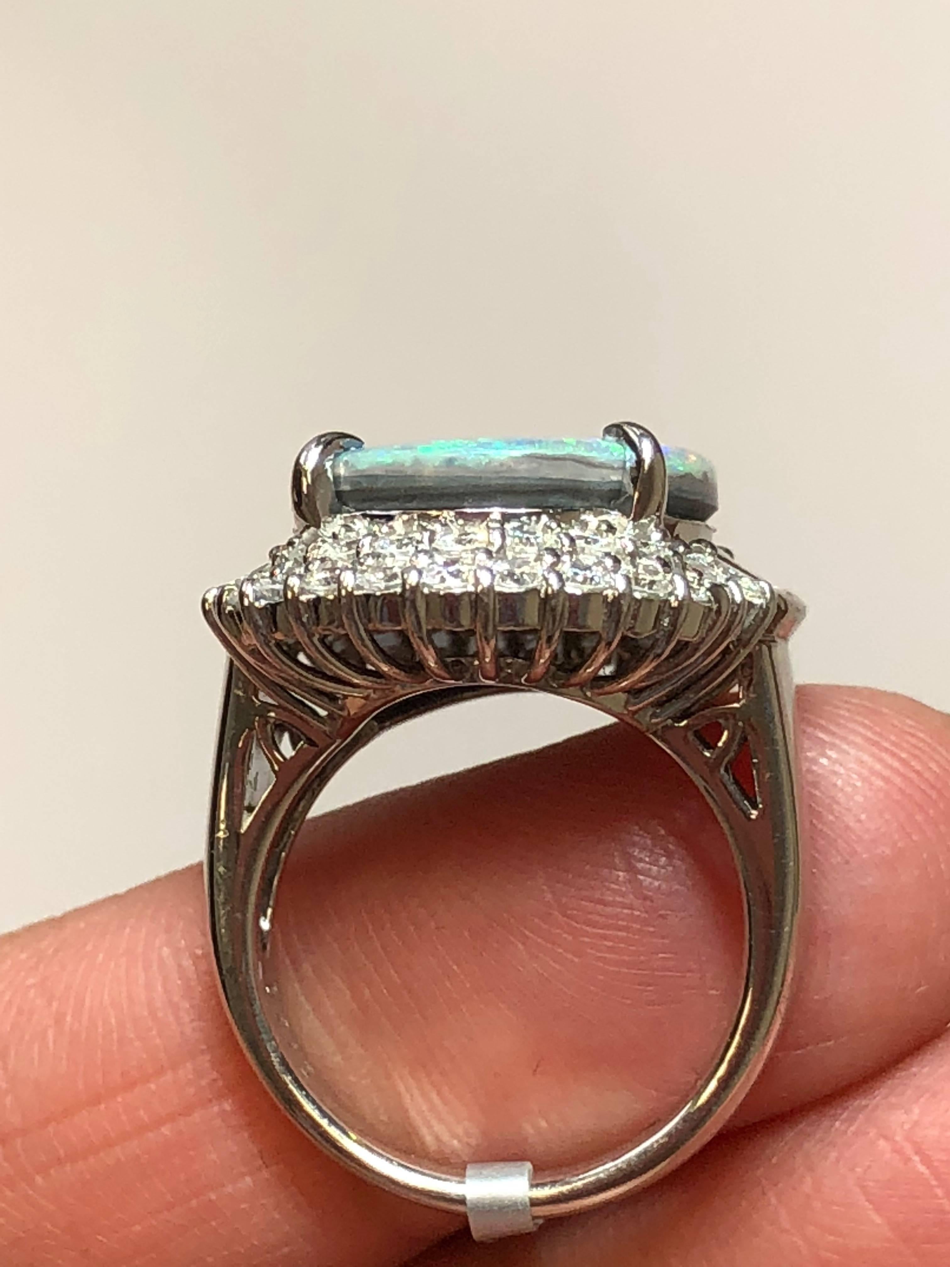 Opal Oval Cabochon and White Diamond Cocktail Ring in Platinum In New Condition In Los Angeles, CA