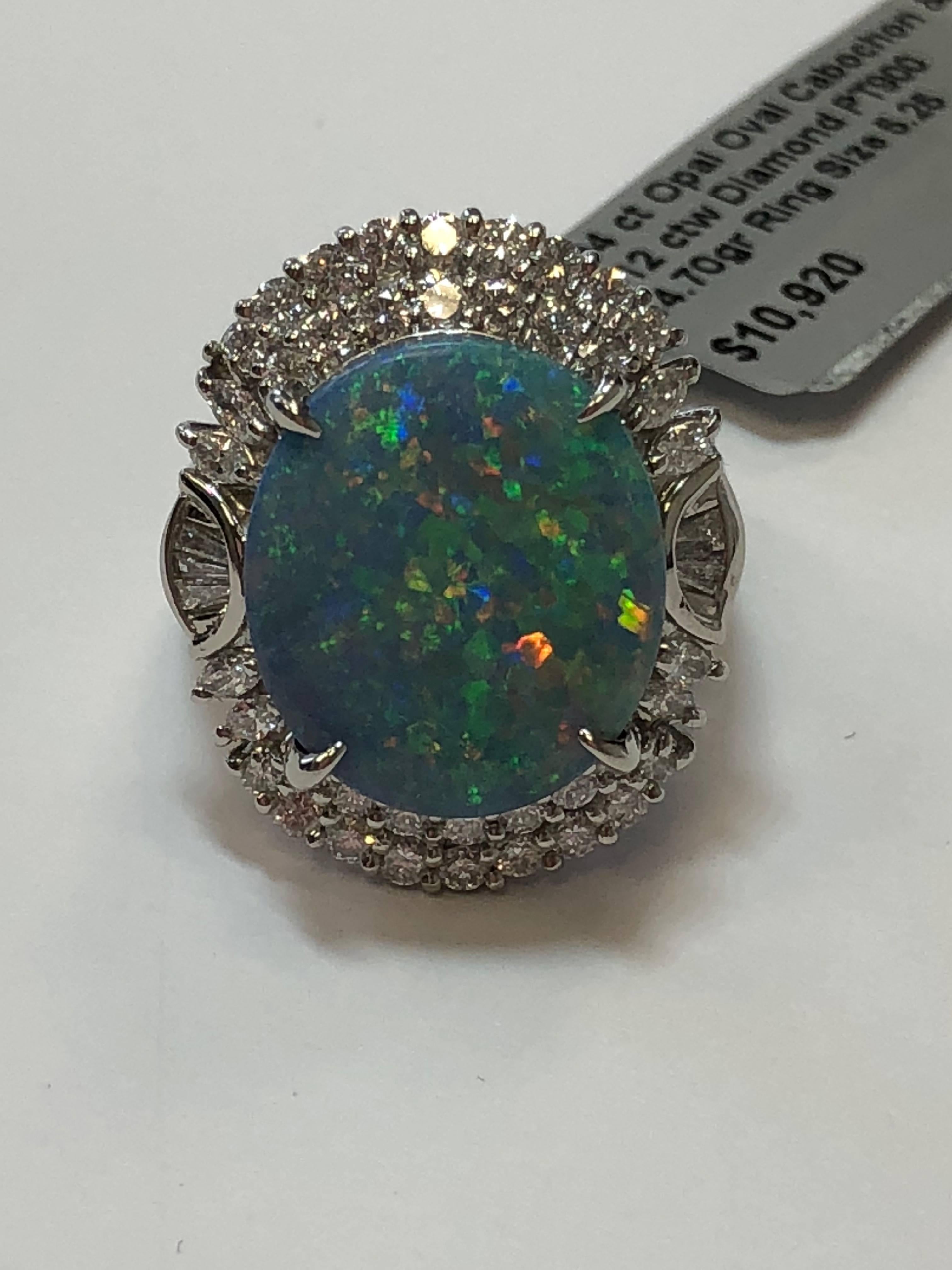 Women's or Men's Opal Oval Cabochon and White Diamond Cocktail Ring in Platinum