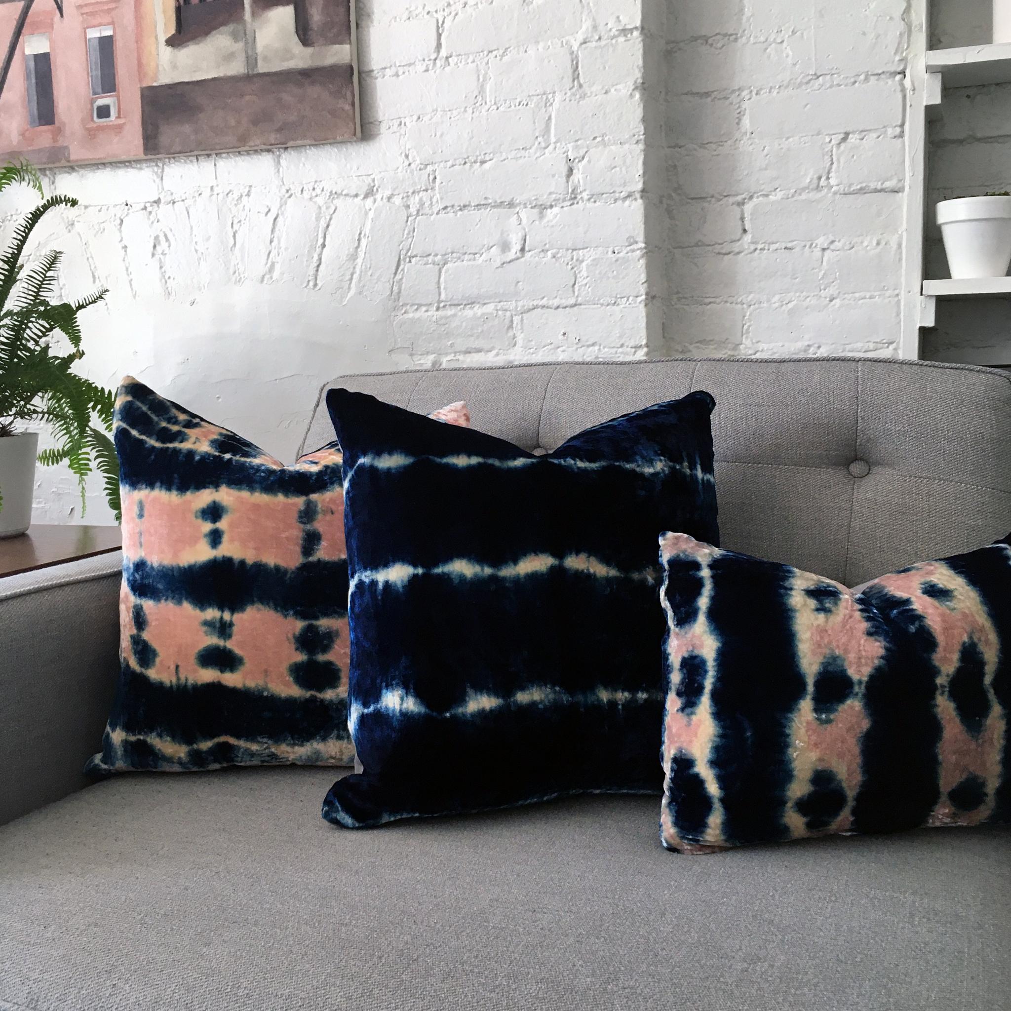 Rose velvet pillow dyed with indigo in Striped pattern with gray linen backing. Hand-dyed and sewn in New York City, down pillow insert made locally in NYC. Pillow measures 18 x 18 inches. Each velvet pillow is hand made and one of a kind.

Custom
