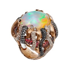 Opal Pariba Diamond Orang Sapphire Coktail Ring 18 Karat Yellow Gold