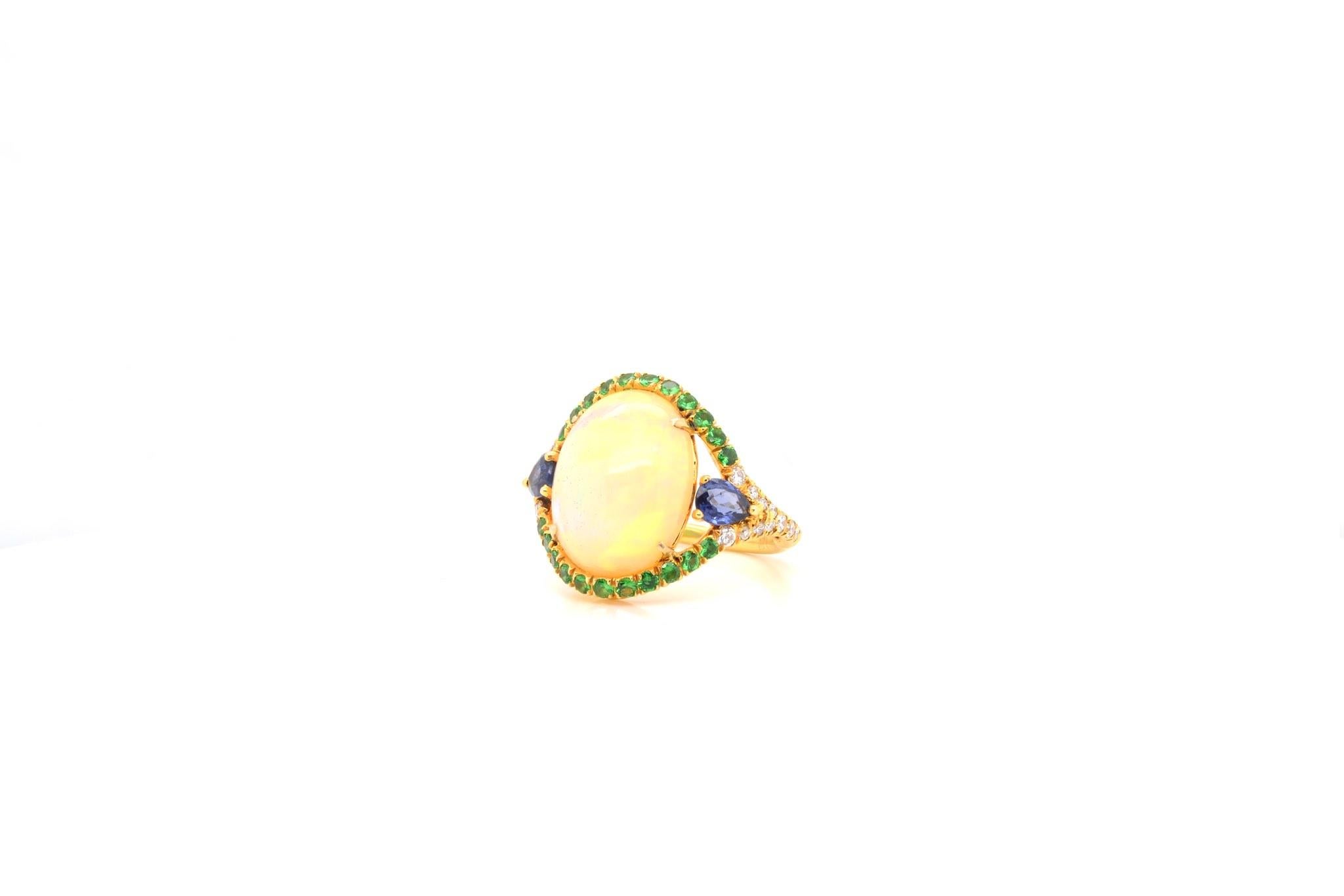 Opal, pear sapphires, fine stones and brilliant cut diamonds ring In Good Condition In PARIS, FR