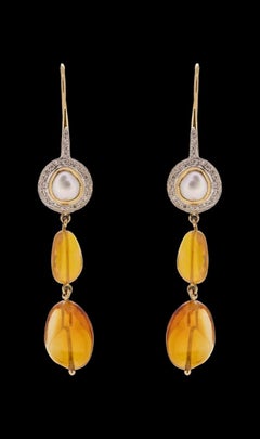 Opal, Pearl and Diamond drop earrings in 18k yellow gold