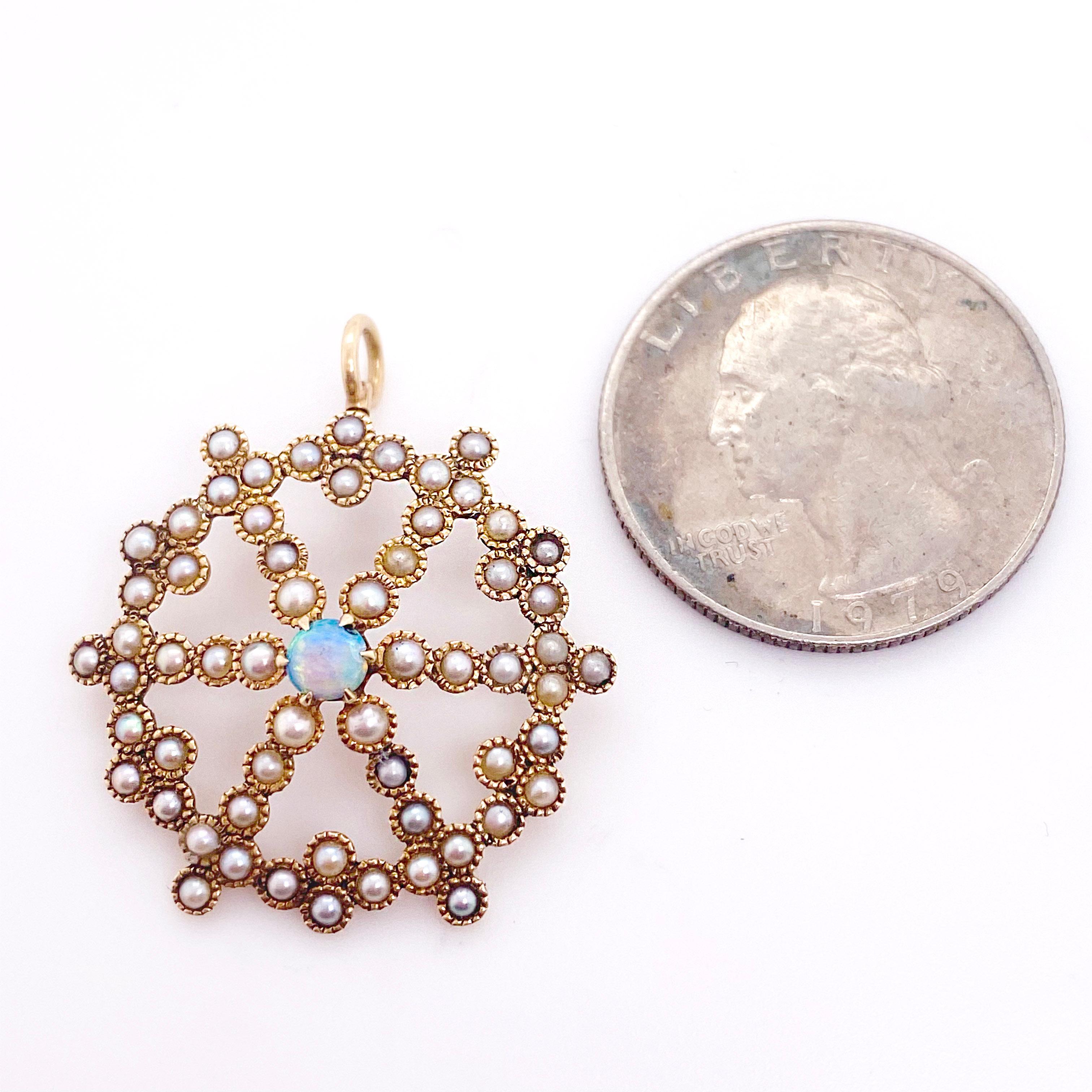 Round Cut Opal Pearl Pendant, Yellow Gold, Vintage Circa 1920 w/ Opal & 60 Pearls Pendant