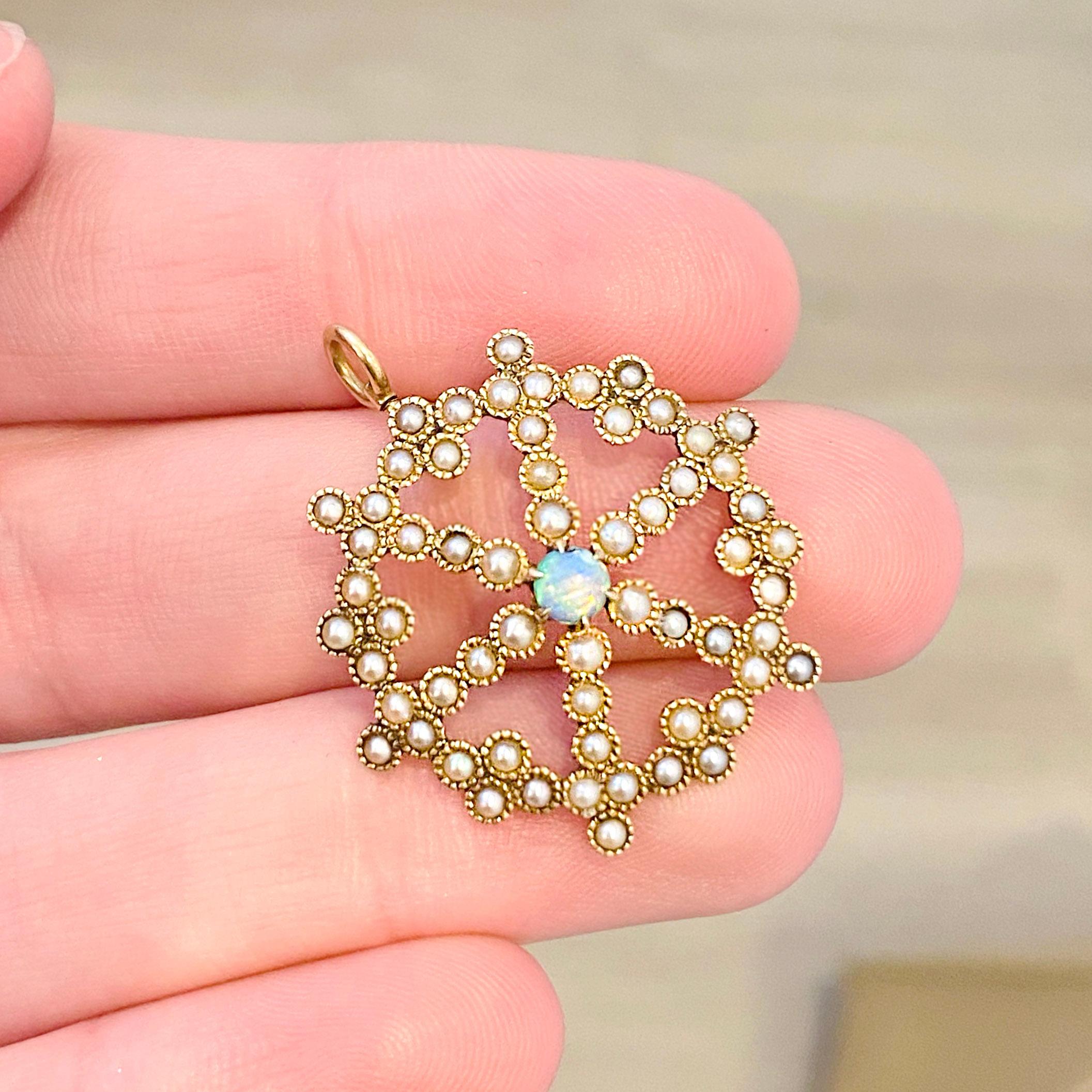 Opal Pearl Pendant, Yellow Gold, Vintage Circa 1920 w/ Opal & 60 Pearls Pendant In Excellent Condition In Austin, TX