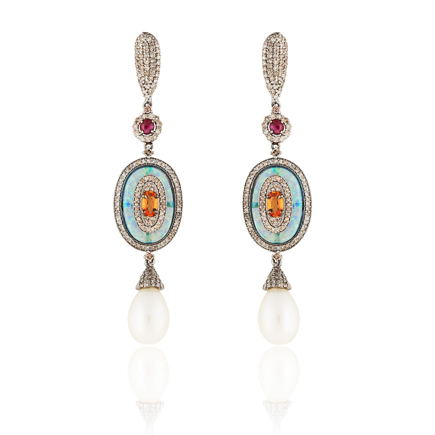Art Nouveau Opal, Pearl, Tourmaline, Sapphire & Diamond Drop Earrings
