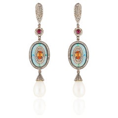 Antique Opal, Pearl, Tourmaline, Sapphire & Diamond Drop Earrings