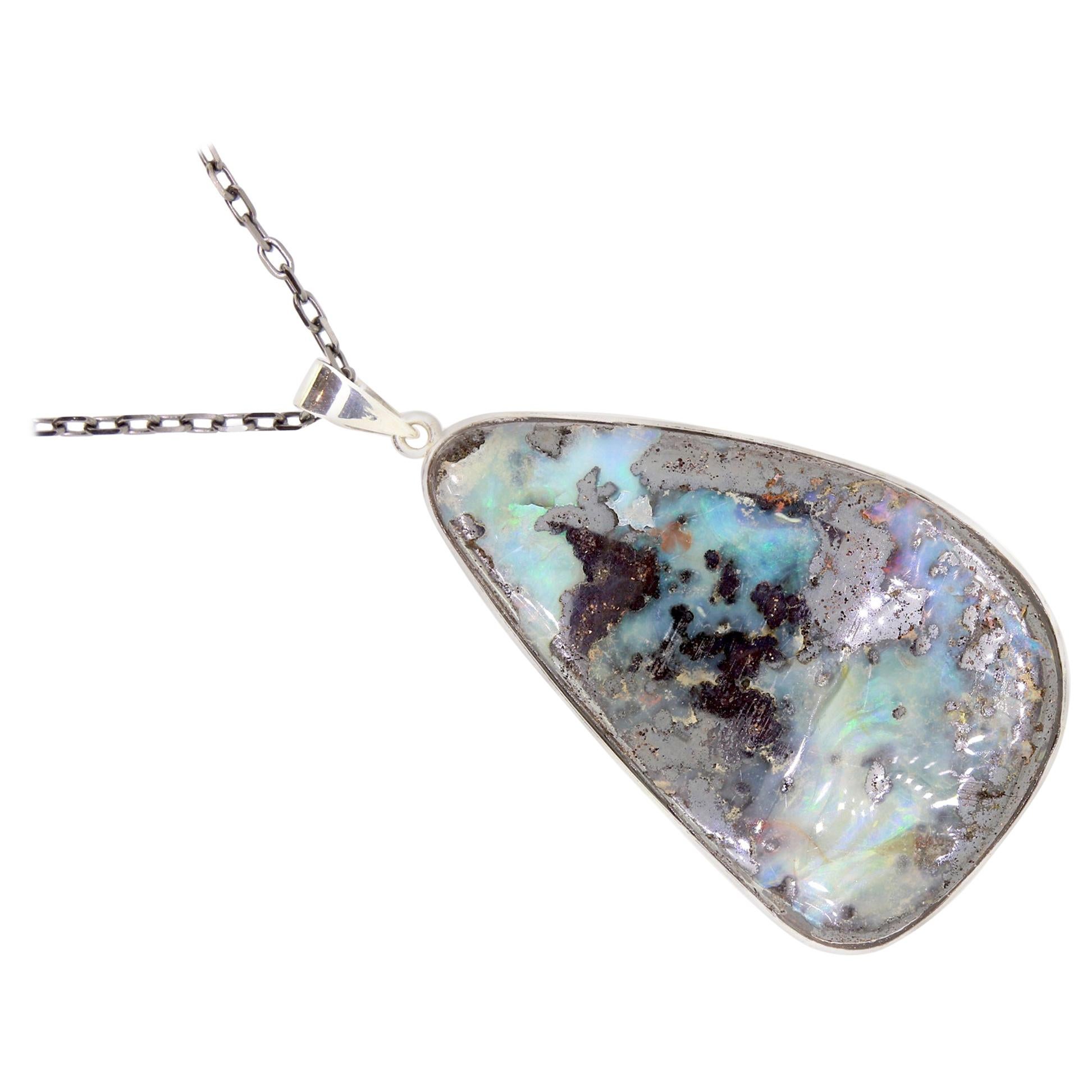 Blue Opal Pendant Necklace 925 Sterling Silver For Sale