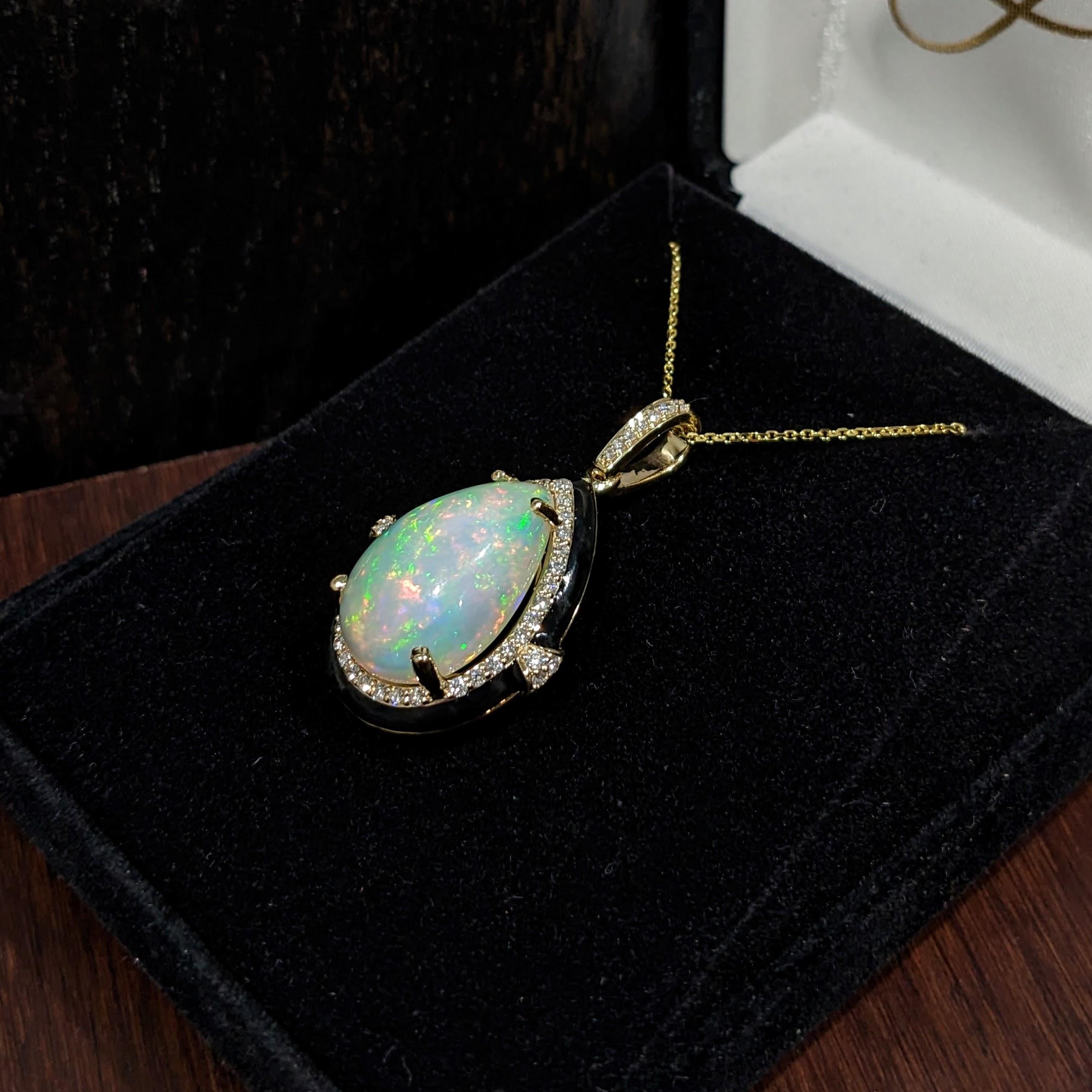 6.8ct Opal Pendant w Earth Mined Diamonds & Black Enamel in 14K Gold Pear 19x13 4