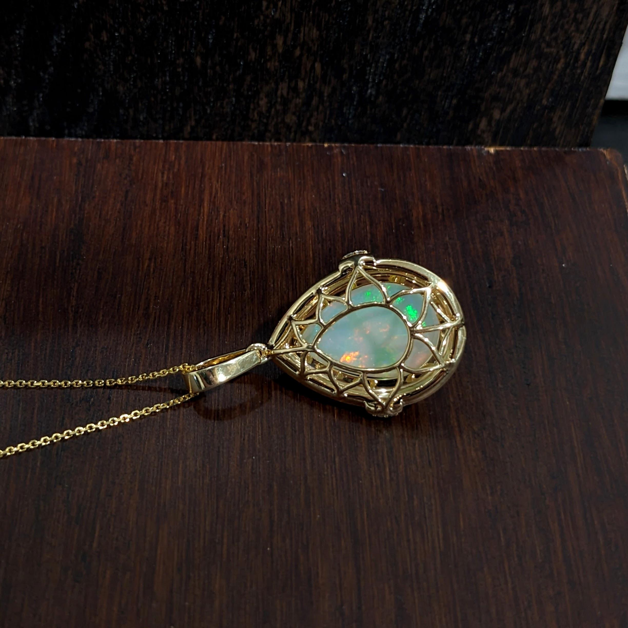 6.8ct Opal Pendant w Earth Mined Diamonds & Black Enamel in 14K Gold Pear 19x13 In New Condition In Columbus, OH