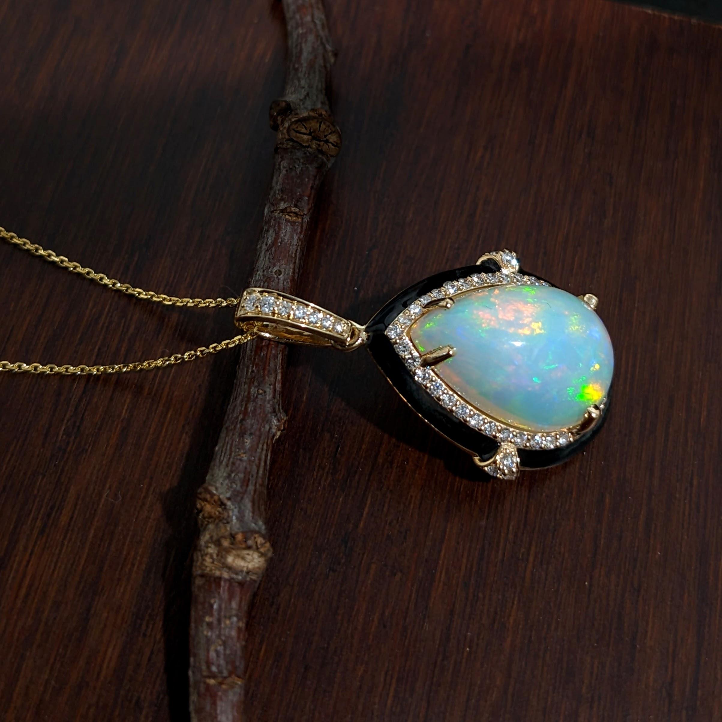 Art Deco 6.8ct Opal Pendant w Earth Mined Diamonds & Black Enamel in 14K Gold Pear 19x13