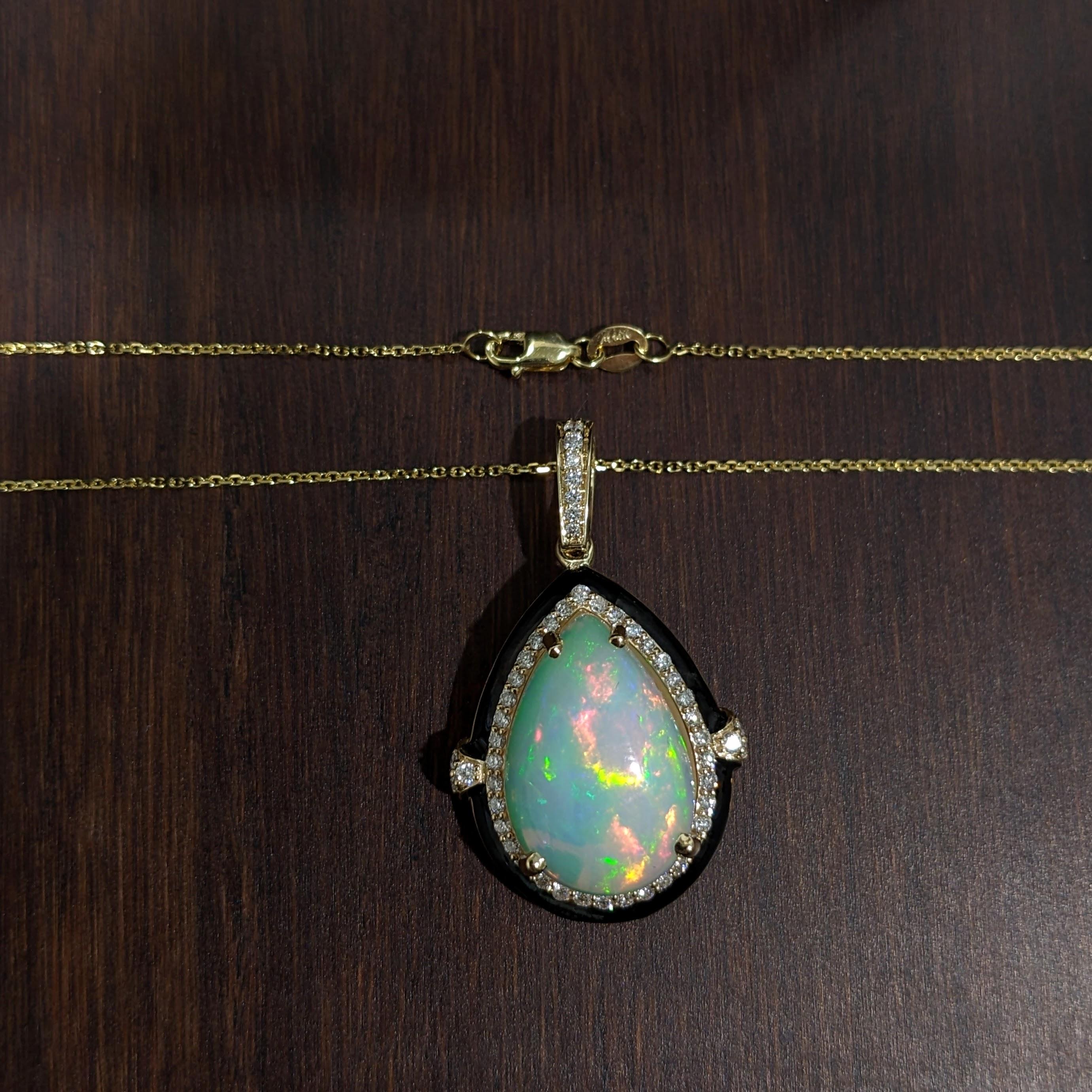 Women's 6.8ct Opal Pendant w Earth Mined Diamonds & Black Enamel in 14K Gold Pear 19x13