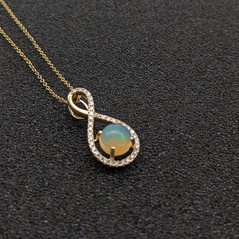 Modernist Opal Pendant w Diamond Accents in Solid 14k Yellow Gold Round 6mm For Sale