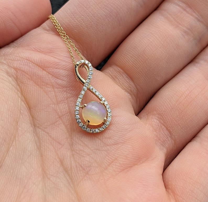 Round Cut Opal Pendant w Diamond Accents in Solid 14k Yellow Gold Round 6mm For Sale