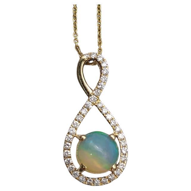 Opal Pendant w Diamond Accents in Solid 14k Yellow Gold Round 6mm