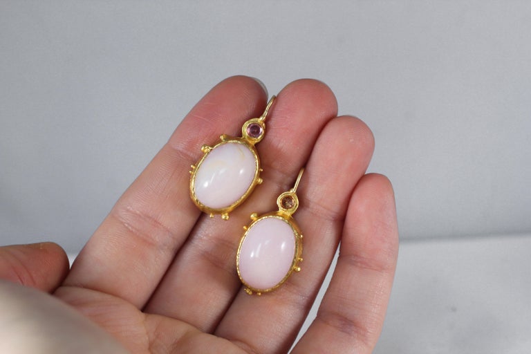 Opal Pink Sapphire 22 Karat Gold One-of-a-Kind Dangle Drop Earrings For Sale 8