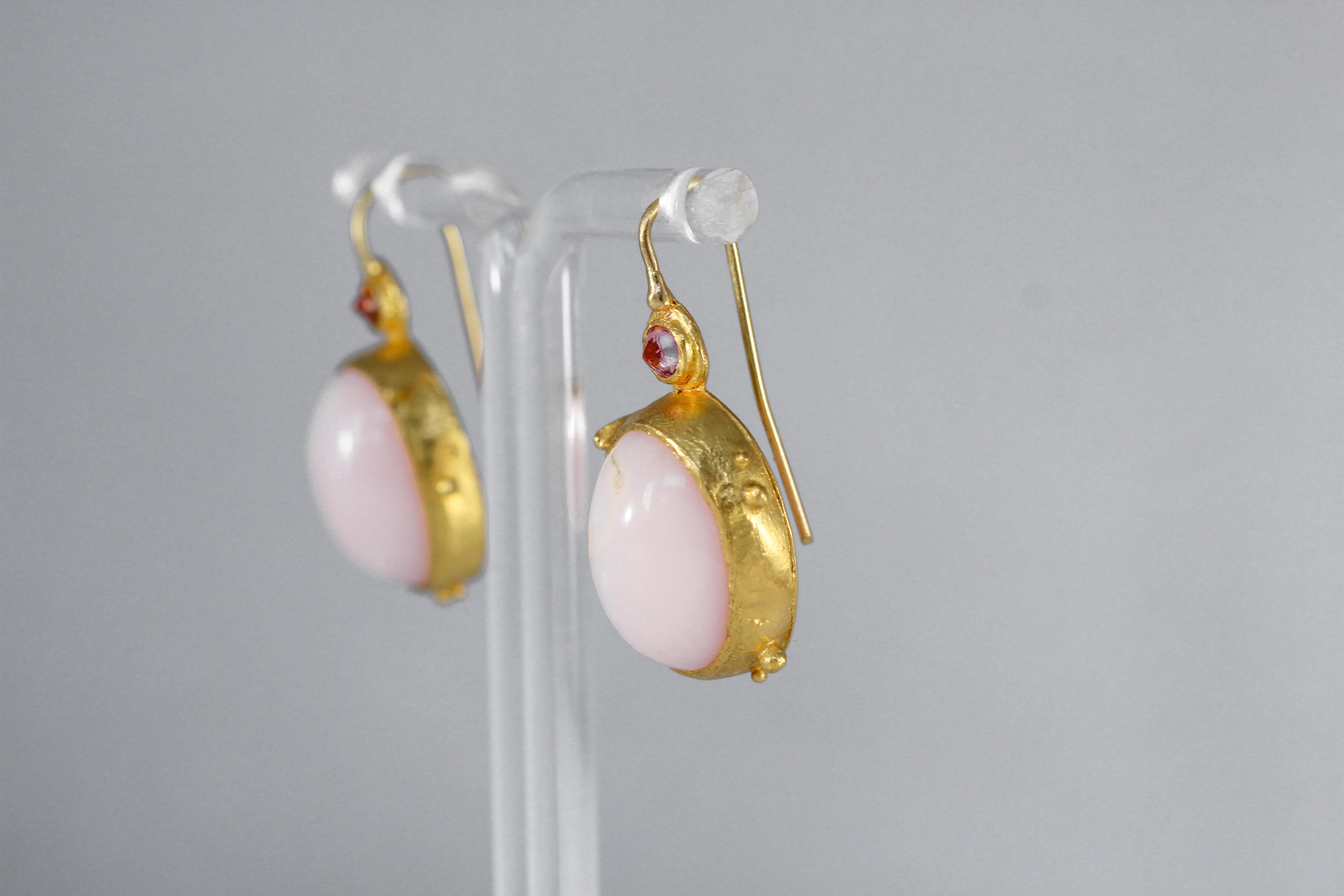 Oval Cut Opal Pink Sapphire 22 Karat Gold One-of-a-Kind Dangle Drop Earrings For Sale