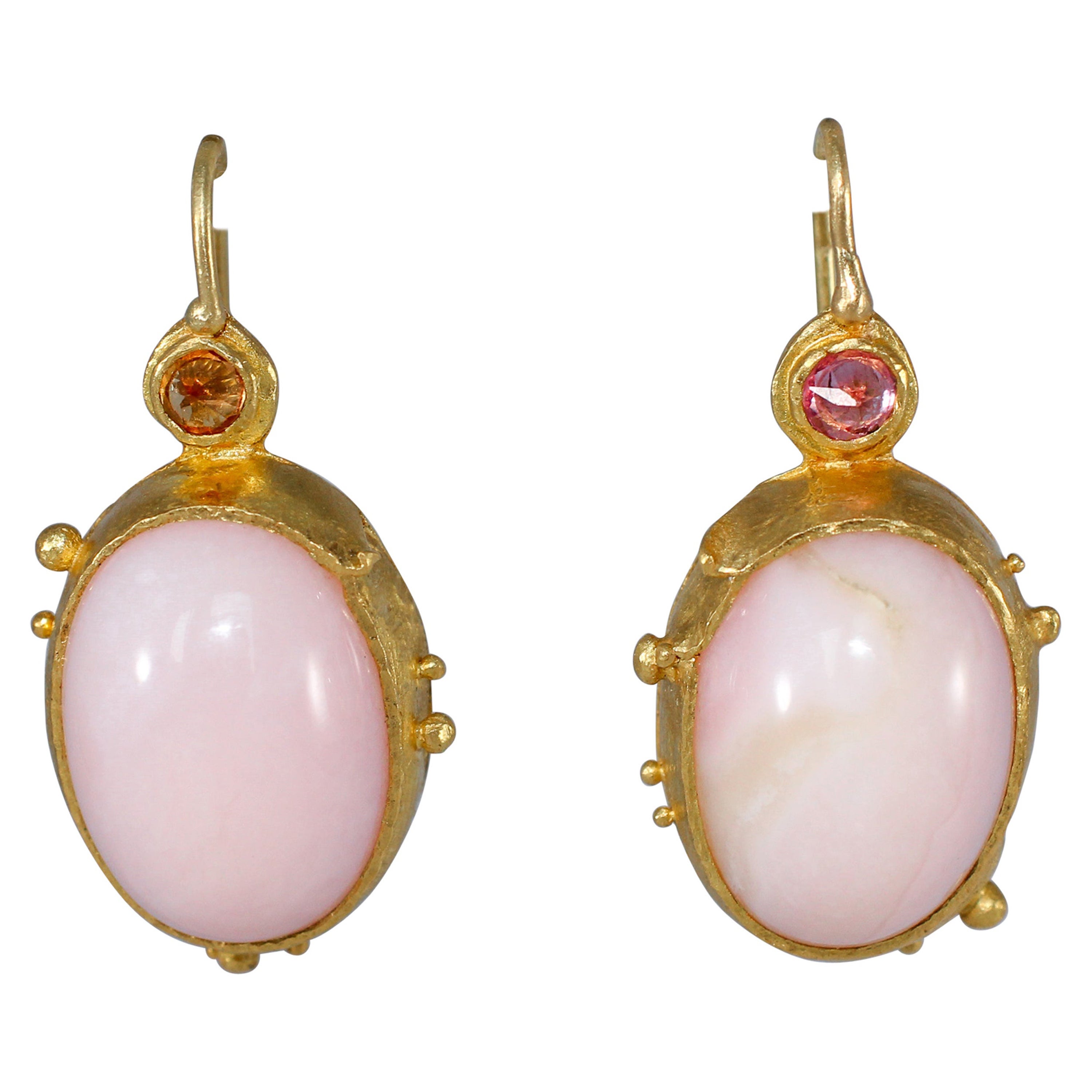 Opal Pink Sapphire 22 Karat Gold One-of-a-Kind Dangle Drop Earrings For Sale