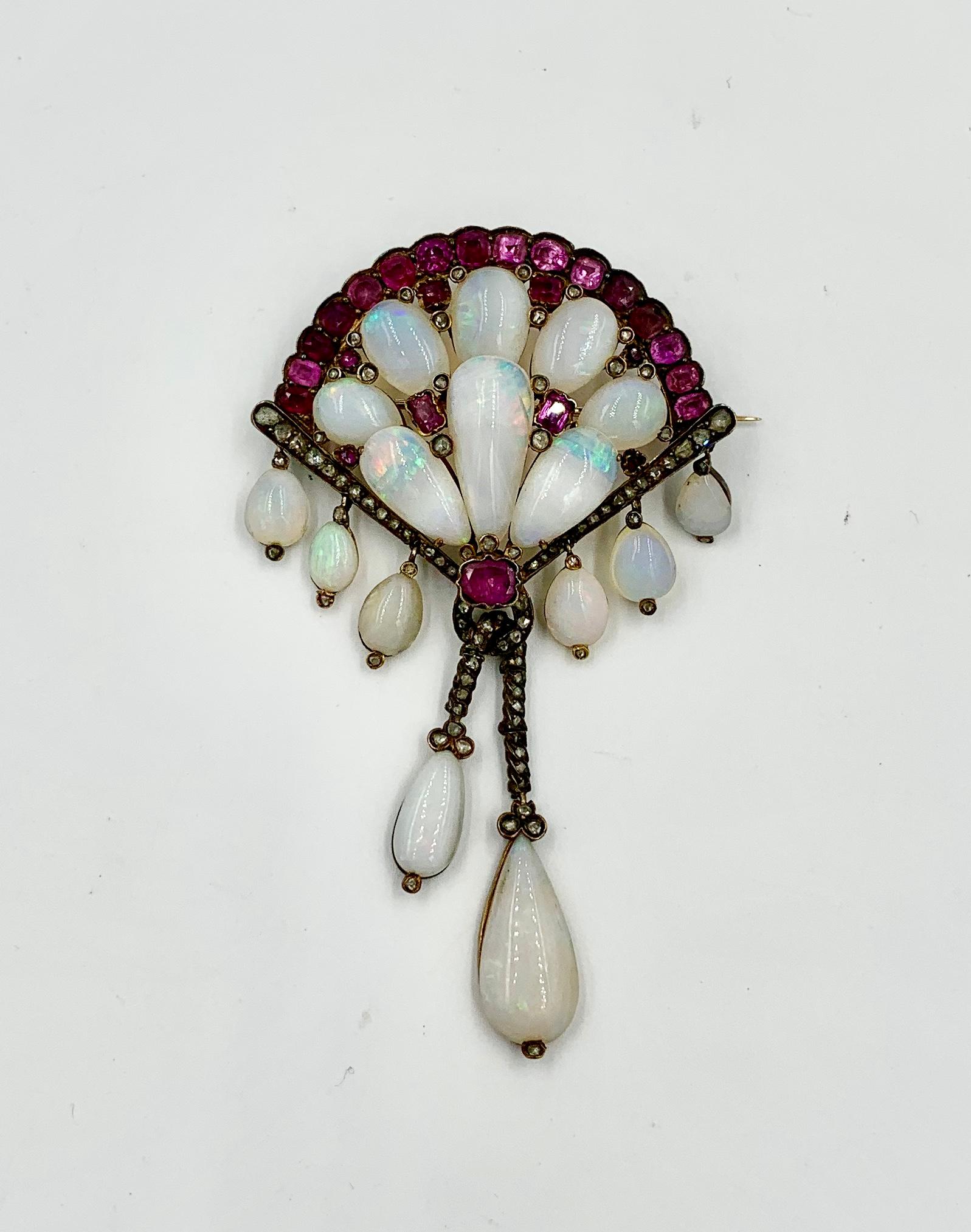 Pear Cut Opal Pink Sapphire Rose Cut Diamond Antique Victorian Brooch For Sale