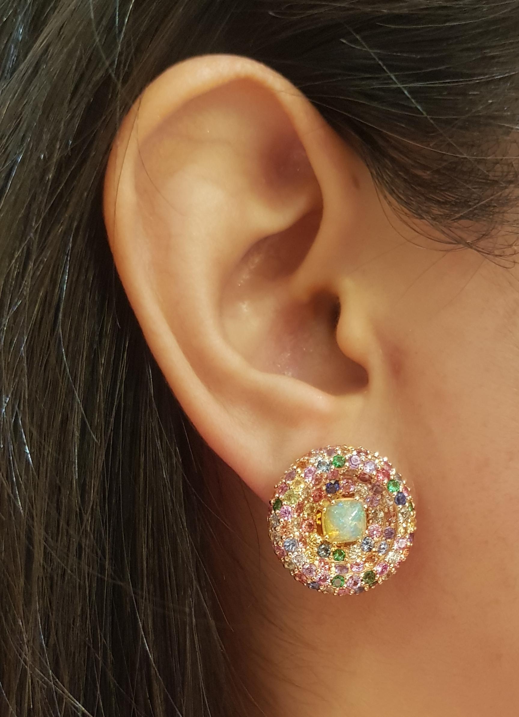 Opal 1.59 carats, Rainbow Colour Sapphire 10.04 carats and Diamond 1.07 carats Earring set in 18K Rose Gold Settings

Width: 2.0 cm 
Length: 2.0 cm
Total Weight: 19.58 grams

