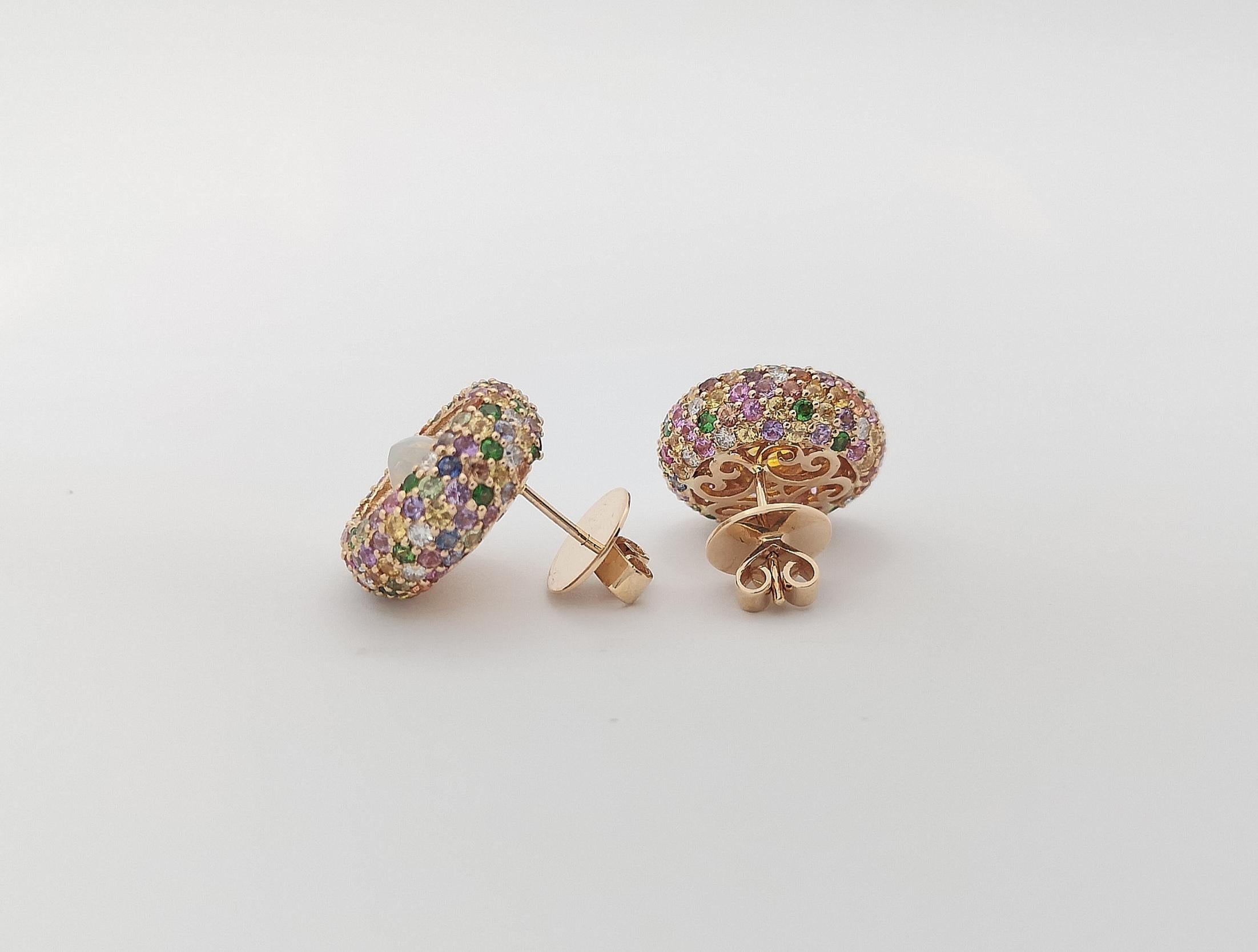 Contemporary Opal, Rainbow Colour Sapphire and Diamond Earrings 18K Rose Gold Settings For Sale