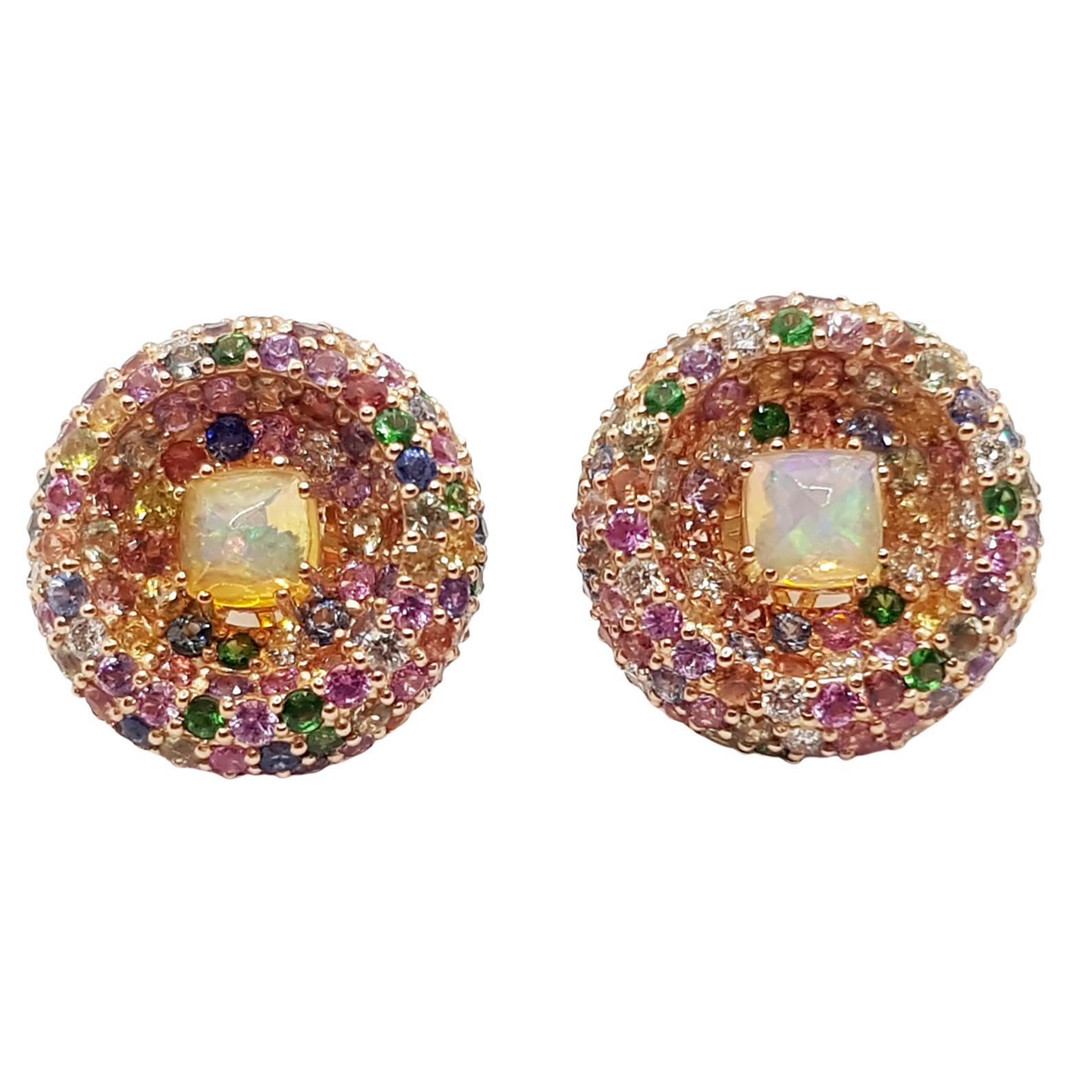 Boucles d'oreilles en or rose 18 carats avec opale, saphirs de couleur arc-en-ciel et diamants