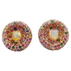 Opal, Rainbow Colour Sapphire and Diamond Earrings 18K Rose Gold Settings