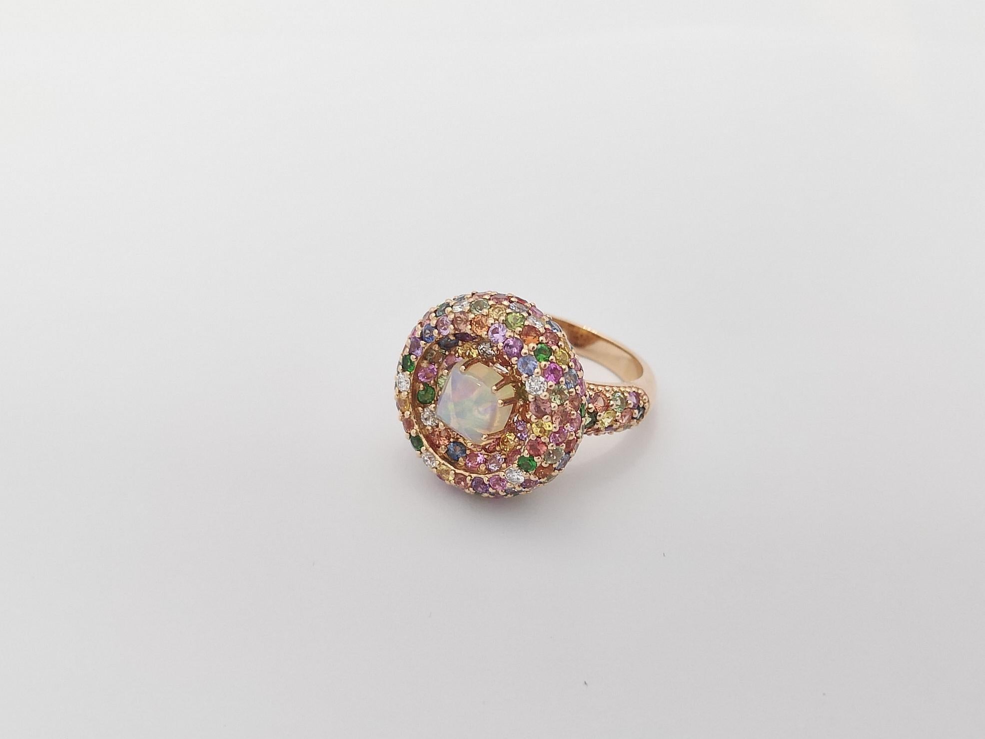 Opal, Rainbow Colour Sapphire and Diamond Ring set in 18K Rose Gold Settings For Sale 4