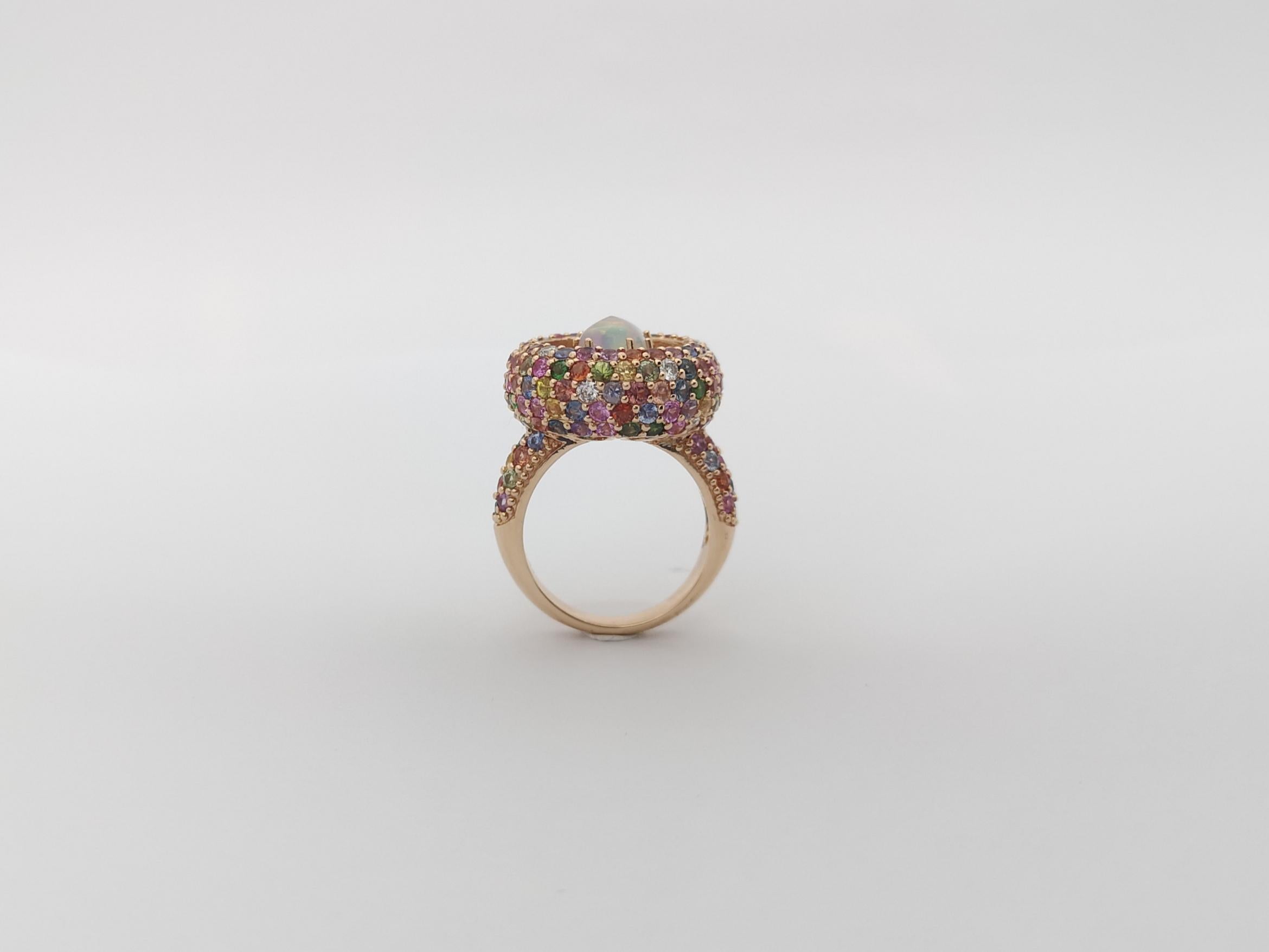 Opal, Rainbow Colour Sapphire and Diamond Ring set in 18K Rose Gold Settings For Sale 6